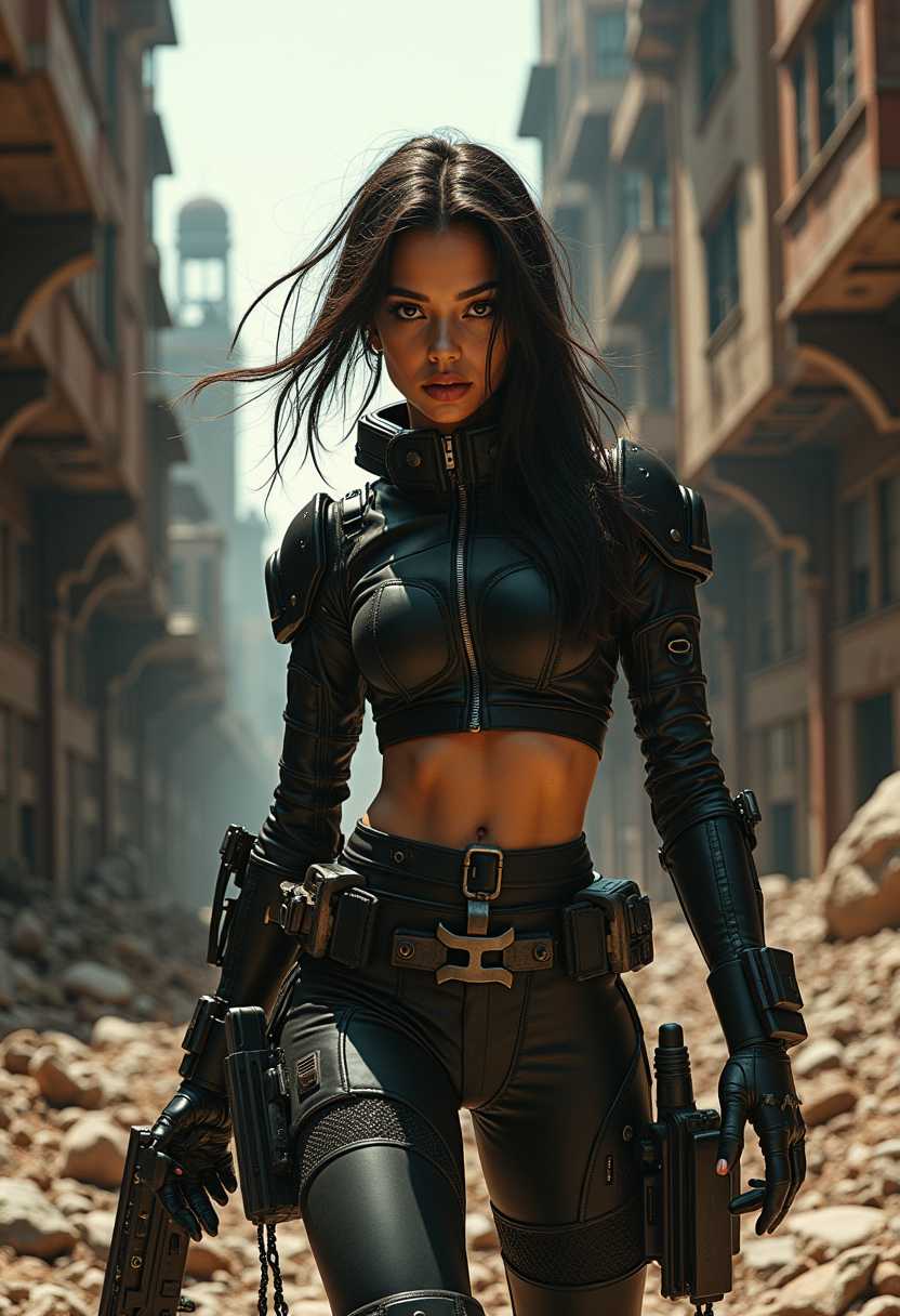 Female in a post-apocalyptic backdrop, envisioned in the dynamic and fluid style of Lois Greenfield, merged with rangercore aesthetics. The scene is dominated by dark brown and black tones, featuring mechanized precision with intricate detailing. Her movements are captured in mid-action, reminiscent of Gwenda Morgan's intricate line work, and posed with the composed elegance found in Fatima Ronquillo’s portraits. The background boasts remnants of a once-thriving city, with dilapidated buildings and twisted metal structures framing the composition. The lighting casts long shadows, enhancing the dramatic appeal and adding depth to the scene. Rust, dust, and the occasional glint of metallic surfaces highlight the contrast between decay and the remnants of sophisticated machinery. The camera angle is low, amplifying her commanding presence, resolving the narrative of survival amidst a desolate, mechanized world.