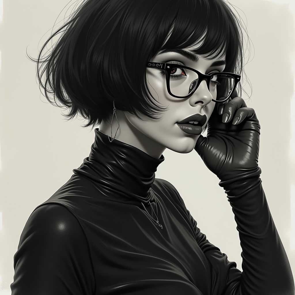Stunning hyperdetailed Dark Fantasy Sketch Art, pose, femme fatale, strong facial expression, short hair, wearing glasses, in the style of Tom bagshaw and Charlie Bowater, Film noir aesthetic, Minimalistic, in the style of artistic darkness