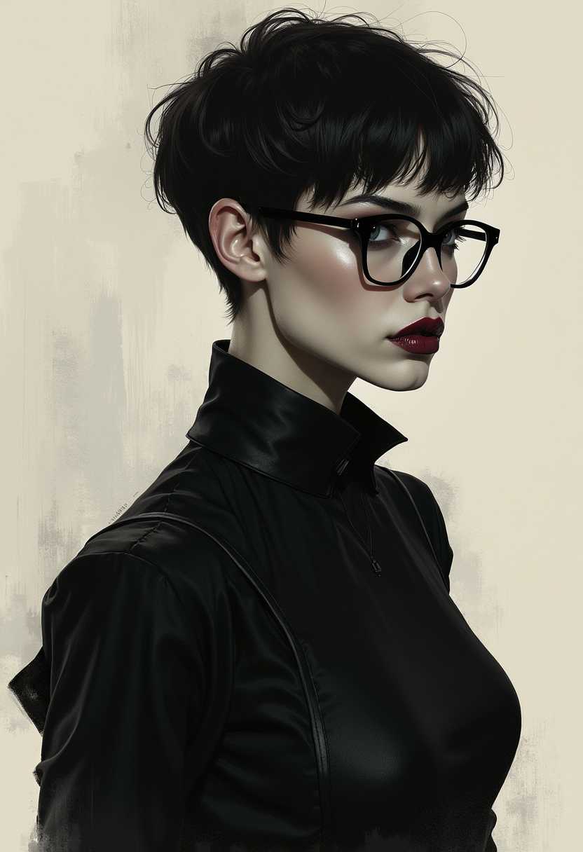 Stunning hyperdetailed Dark Fantasy Sketch Art, pose, femme fatale, strong facial expression, short hair, wearing glasses, in the style of Tom bagshaw and Charlie Bowater, Film noir aesthetic, Minimalistic, in the style of artistic darkness