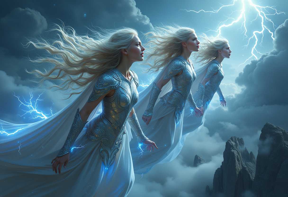 A breathtakingly dynamic scene of three ethereal Valkyries soaring through turbulent, stormy skies, clad in intricately crafted, shimmering armor that seems to be woven from the very fabric of the stars. Their flowing hair, a wild tangle of silver-blonde locks, streams behind them like a river of moonlight, as their fierce expressions convey a sense of unyielding determination and battle-hardened ferocity.

The Valkyries' armor shimmers with a mesmerizing, iridescent glow, as if infused with the essence of the aurora borealis. The metal seems to ripple and undulate, like the surface of a stormy sea, as the lightning-illuminated clouds around them appear to be in a state of constant, turbulent motion.

The dramatic lightning that illuminates the scene is a deep, electric blue, casting an otherworldly glow over the entire tableau. The bolts of lightning seem to be drawn to the Valkyries, dancing around them in a spectacular display of celestial fireworks, as if the very gods themselves are acknowledging their power and majesty.

As the Valkyries soar through the stormy skies, their wings – delicate, yet powerful, and seemingly crafted from the same shimmering material as their armor – beat the air with a hypnotic rhythm, leaving behind trails of glittering, stardust-like sparks that dissolve into the turbulent clouds.

In the background, a massive, stormy landscape unfolds, with towering thunderheads, their anvil-shaped peaks stretching high into the sky like colossal, granite citadels. The air is filled with the acrid scent of ozone, and the sound of thunder booms and crackles, a primal, elemental force that underscores the Valkyries' unstoppable power and unyielding resolve.

The entire scene is bathed in a soft, ethereal light, as if the very fabric of reality has been infused with the magic of the Valkyries' presence. The atmosphere is charged with an almost palpable sense of energy and drama, as if the fate of the world hangs in the balance, and the Valkyries are the only ones who can tip the scales.

Artistic Style:

Fantasy and surrealism art movement
Hyper-realistic style, with intricate details and textures
Wide-angle view, with a deep sense of depth and dimensionality
Soft, ambient lighting, with dramatic highlights and shadows
Vibrant, electric colors, with a focus on blues, silvers, and golds.