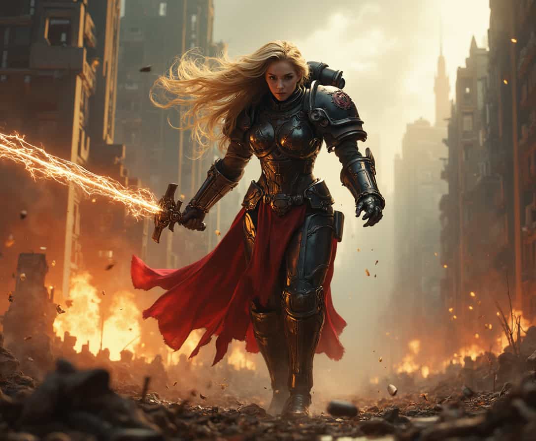A dramatic action shot featuring a fierce and attractive Sister of the Adepta Sororitas from Warhammer 40,000. She stands dynamically in the center of the scene, captured mid-motion as she charges forward with a raised power sword engulfed in crackling energy. Her battle-worn yet form-fitting power armor shines with a sleek metallic finish, displaying the iconic black, white, and red color scheme of the Adepta Sororitas, adorned with gothic iconography and the symbol of the Aquila.

The Sister's face, partially obscured by her distinctive helmet, reveals striking features, blended with a look of fierce determination. Flowing locks of hair escape the confines of her helmet, adding an element of raw beauty to her formidable presence. The background is a war-torn urban landscape, with towering ruined buildings shrouded in smoke and lit by sporadic bursts of fiery explosions.

It's late afternoon, and streaks of golden sunlight pierce through dark, ominous clouds, casting dramatic shadows across the scene. The atmosphere is thick with tension, the air heavy with the haze of battle. Debris and the crumbling remnants of her enemies litter the ground, highlighting the chaos and destruction.

The shot is framed from a low angle, emphasizing her power and grace.