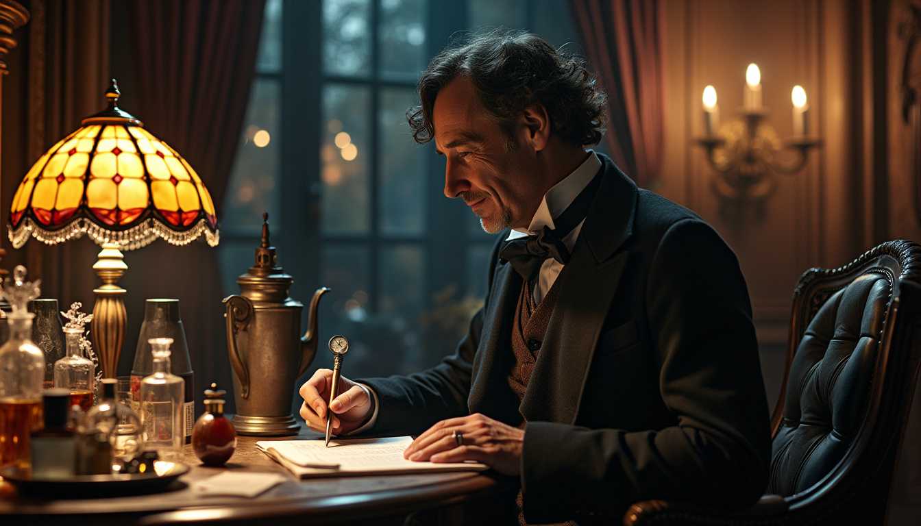 **A distinguished 45-year-old Sherlock Holmes, neewly shaved, in a mirror behind him wee see a faint ghostly relection of Dr Moriaty.*
 looking at a note in hes right hand, facing the camera, a magnifying looking glass in the left, newly shaved and impeccably dressed in luxurious Victorian attire that reflects his upper-society status.pale looking , works too much, dark shadows under eyes, His eyes gleam with excitement as he smiles subtly, having just discovered a crucial clue. The room around him is a treasure trove of meticulously arranged artifacts, in a mirror behind him wee see a faint ghostly relection of Dr Moriaty.*

Victorian-era steampunk laboratory at night, bathed in the warm, ambient glow of a single Tiffany lamp. The room is replete with intricate details and reflective surfaces, casting an eerie mood on the elaborately designed space. Shadows dance across the room, creating an interplay of light and dark, highlighting the steampunk and Art Deco accessories scattered throughout. The air is thick with the scent of old books and faint traces of exotic tinctures and elixirs, enhancing the room's enigmatic, mysterious atmosphere. 
, The room is the room of Sherlock holmes, is a treasure trove of meticulously arranged artifacts, each contributing to the overall ambiance of refined intelligence and steampunk sophistication. Mirrors of all sizes, from small shaving, Mirror, silver spoon, eyeglasses, pocket watch, silver tray, polished brass doorknob, glass window, polished silver teapot, shaving mirror, polished wooden table, silver candlestick, glass decanter, polished brass bell, polished brass telescope, polished copper pot, monocle, silver-handled cane, polished brass key, glass perfume bottle, glass ink well, polished brass compass, silver cigarette case, glass vial, glass beaker, polished metal letter opener, polished brass door knocker, polished copper basin, silver snuff box, polished brass fireplace screen, glass lamp chimney, silver belt buckle, polished brass clock, polished brass magnifying glass, polished silver photo frame, polished brass door plate, glass paperweight, polished silver locket, glass spectacles case, polished metal buttons, polished brass gaslight fixture, glass chandelier, polished brass candle snuffer, polished silver hairbrush, polished brass inkstand, polished copper kettle, polished brass bed frame, glass apothecary jar, polished brass curtain rod, glass globe, silver hat pin, polished brass lamp base, glass watch cover, polished brass ruler, polished copper samovar, polished brass match holder, polished silver scissors, glass tumbler, polished brass letterbox, polished copper pipe, polished silver pen, glass bottle stopper, polished brass bookend, glass clock cover, polished brass cash register, polished copper watering can, polished brass coal scuttle, glass oil lamp, polished silver brooch, polished brass whistle, polished silver coin, glass barometer, polished brass balance scale, glass medical syringe, polished brass sextant, polished copper pot lid, polished brass microscope, glass medical vial, polished silver goblet, polished brass mantel clock, glass test tube, polished brass ship's wheel, polished silver pocket flask, polished brass door latch, polished copper saucepan, glass potion bottle, polished brass door lever, polished silver spoon holder, glass flask, polished brass andirons, polished silver toothpick holder, glass magnifying lens, polished brass handbell, polished copper tray, polished silver bookmark, polished brass curtain hook.
