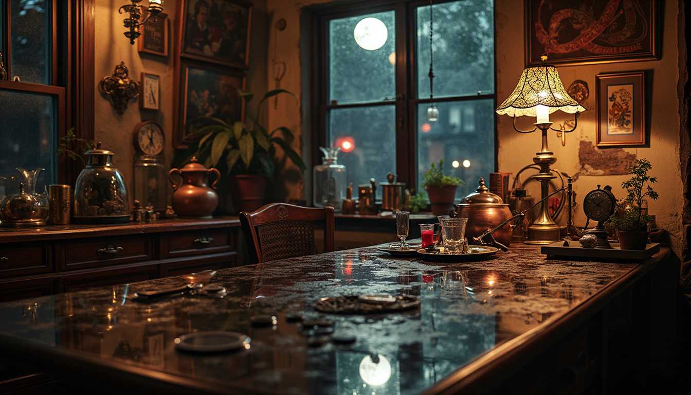 *MIRRORS ALL OVER, ALL REFLECTIVE OBJECTS MIRRORS ITS SURROUNDINGS*, at night, dark outside, street lambs, moon light,  Victorian-era steampunk laboratory at night, bathed in the warm ambient light, The room is filled with intricate details and reflective surfaces as mirrors, casting a eerie mood on the elaborately designed space. Shadows dance across the room, creating an interplay of light and dark, highlighting the steampunk and Art Deco accessories scattered throughout. The air is thick with the scent of old books and faint traces of exotic tinctures, elexirs, reflection in a spoon, enhancing the room's enigmatic, mysterious atmosphere.
The room is the room of Sherlock holmes, is a treasure trove of meticulously arranged artifacts, each contributing to the overall ambiance of refined intelligence and steampunk sophistication. Mirrors of all sizes, from small shaving, Mirror, silver spoon, eyeglasses, pocket watch, silver tray, polished brass doorknob, glass window, polished silver teapot, shaving mirror, polished wooden table, silver candlestick, glass decanter, polished brass bell, polished brass telescope, polished copper pot, monocle, silver-handled cane, polished brass key, glass perfume bottle, glass ink well, polished brass compass, silver cigarette case, glass vial, glass beaker, polished metal letter opener, polished brass door knocker, polished copper basin, silver snuff box, polished brass fireplace screen, glass lamp chimney, silver belt buckle, polished brass clock, polished brass magnifying glass, polished silver photo frame, polished brass door plate, glass paperweight, polished silver locket, glass spectacles case, polished metal buttons, polished brass gaslight fixture, glass chandelier, polished brass candle snuffer, polished silver hairbrush, polished brass inkstand, polished copper kettle, polished brass bed frame, glass apothecary jar, polished brass curtain rod, glass globe, silver hat pin, polished brass lamp base, glass watch cover, polished brass ruler, polished copper samovar, polished brass match holder, polished silver scissors, glass tumbler, polished brass letterbox, polished copper pipe, polished silver pen, glass bottle stopper, polished brass bookend, glass clock cover, polished brass cash register, polished copper watering can, polished brass coal scuttle, glass oil lamp, polished silver brooch, polished brass whistle, polished silver coin, glass barometer, polished brass balance scale, glass medical syringe, polished brass sextant, polished copper pot lid, polished brass microscope, glass medical vial, polished silver goblet, polished brass mantel clock, glass test tube, polished brass ship's wheel, polished silver pocket flask, polished brass door latch, polished copper saucepan, glass potion bottle, polished brass door lever, polished silver spoon holder, glass flask, polished brass andirons, polished silver toothpick holder, glass magnifying lens, polished brass handbell, polished copper tray, polished silver bookmark, polished brass curtain hook.
