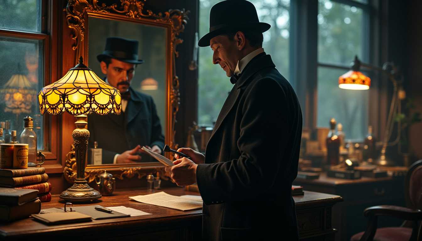 masterpiece, best quality, highres, sharp image, more detail <lora:more_details:0.5> <lora:SDXLrender_v2.0:1>, Victorian-era steampunk laboratory at night, bathed in the warm, ambient glow of a single Tiffany lamp. The room is replete with intricate details and reflective surfaces, casting an eerie mood on the elaborately designed space. Shadows dance across the room, creating an interplay of light and dark, highlighting the steampunk and Art Deco accessories scattered throughout. The air is thick with the scent of old books and faint traces of exotic tinctures and elixirs, enhancing the room's enigmatic, mysterious atmosphere. 

A distinguished 45-year-old Sherlock Holmes stands facing the camera, newly shaved, looking at a note in his right hand and a magnifying glass in his left. He is impeccably dressed in luxurious Victorian attire that reflects his upper-society status. His pale complexion is accentuated by dark shadows under his eyes, but his eyes gleam with excitement as he subtly smiles, having just discovered a crucial clue. Behind him, in a mirror, a faint ghostly reflection of Dr. Moriarty, an evil-looking old man with a beard who looks cunning, can be seen.

The room around Sherlock is a treasure trove of meticulously arranged artifacts, each contributing to the overall ambiance of refined intelligence and steampunk sophistication. Mirrors of all sizes, from small shaving