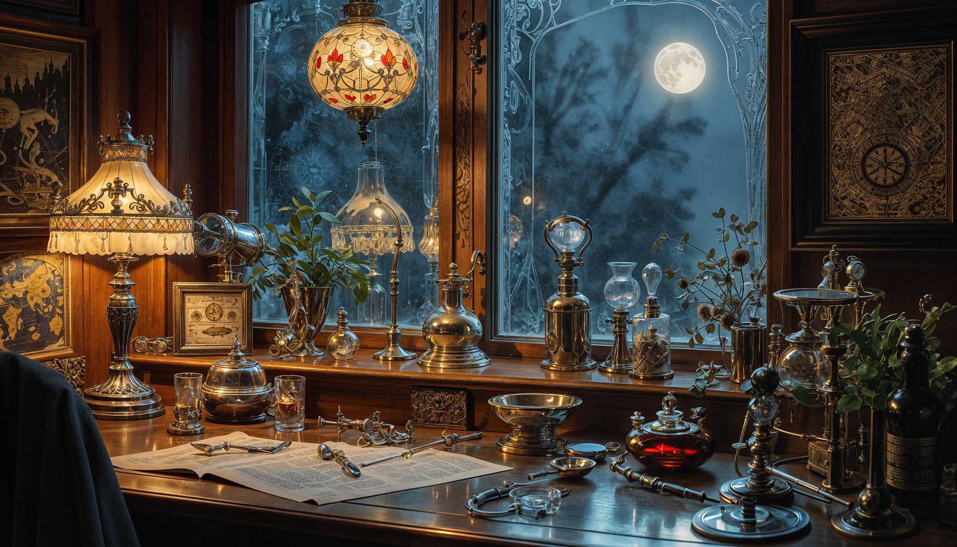 AI-generated image: *MIRRORS ALL OVER, ALL REFLECTIVE OBJECTS MIRRORS ITS SURROUNDINGS*, at night, dark outside, street 