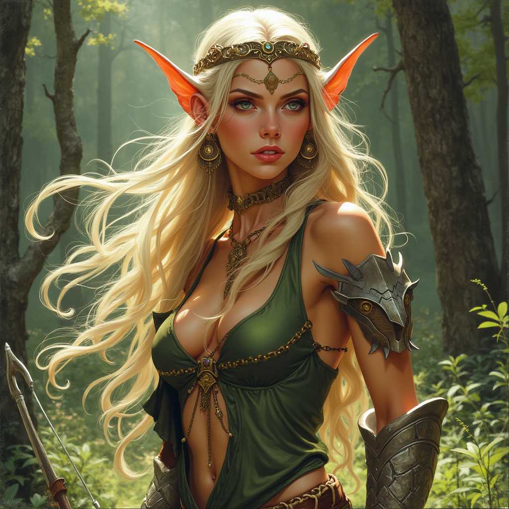A sexy elven warrior girl in the style of Larry Elmore