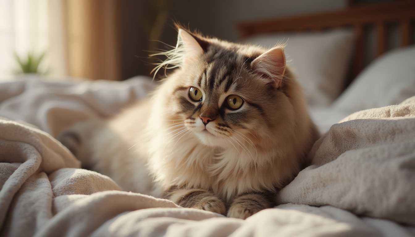 photo, realistic, a Persian cat , bed