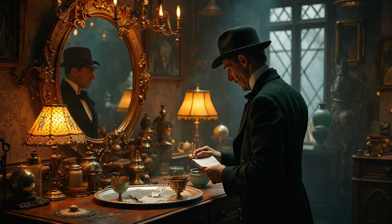 masterpiece, best quality, highres, sharp image, more detail, *MIRRORS ALL OVER, ALL REFLECTIVE OBJECTS MIRRORS ITS SURROUNDINGS*, Victorian-era steampunk laboratory at night, bathed in the warm, ambient glow of 1 Tiffany lamp. The room is filled with intricate details and reflective surfaces as mirrors, casting a eerie mood on the elaborately designed space. Shadows dance across the room, creating an interplay of light and dark, highlighting the steampunk and Art Deco accessories scattered throughout. The air is thick with the scent of old books and faint traces of exotic tinctures, elexirs, reflection in a spoon, enhancing the room's enigmatic, mysterious atmosphere.
*in a mirror behind him wee see a faint ghostly relection of Dr Moriaty, evil looking old man with a beard, looks cunning*
A distinguished 45-year-old Sherlock Holmes stands facing the camera,* in a mirror behind him wee see a faint ghostly relection of Dr Moriaty.*  hes newly shaved, looking at a note in hes right hand and a magnifying looking glass in the left,  impeccably dressed in luxurious Victorian attire that reflects his upper-society status. he is a pale looking person, dark shadows under hes eyes. His eyes gleam with excitement as he smiles subtly, having just discovered a crucial clue.* in a mirror behind him wee see a faint ghostly relection of Dr Moriaty.*  The room around him is a treasure trove of meticulously arranged artifacts, each contributing to the overall ambiance of refined intelligence and steampunk sophistication. in a mirror behind him wee see a faint ghostly relection of Dr Moriaty.

Mirrors of all sizes, from small shaving mirrors to larger wall-mounted ones, capture the light, creating a mesmerizing cascade of reflections across the room. On a polished wooden table, various reflective objects—polished brass match holders, a glass globe, and a silver cigarette case—glint under the soft lighting. The polished silver tray holds an array of Sherlock's personal belongings: