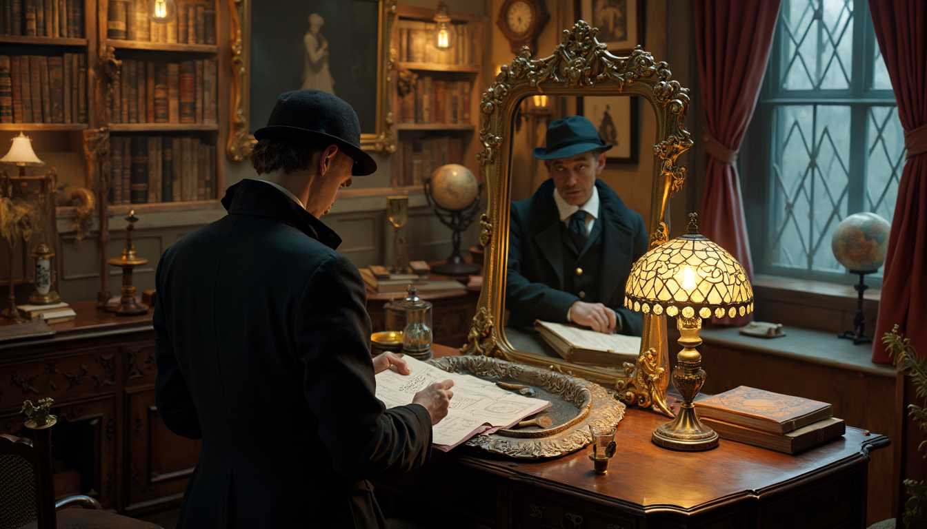 masterpiece, best quality, highres, sharp image, more detail, *MIRRORS ALL OVER, ALL REFLECTIVE OBJECTS MIRRORS ITS SURROUNDINGS*, Victorian-era steampunk laboratory at night, bathed in the warm, ambient glow of 1 Tiffany lamp. The room is filled with intricate details and reflective surfaces as mirrors, casting a eerie mood on the elaborately designed space. Shadows dance across the room, creating an interplay of light and dark, highlighting the steampunk and Art Deco accessories scattered throughout. The air is thick with the scent of old books and faint traces of exotic tinctures, elexirs, reflection in a spoon, enhancing the room's enigmatic, mysterious atmosphere.
*in a mirror behind him wee see a faint ghostly relection of Dr Moriaty, evil looking old man with a beard, looks cunning*
A distinguished 45-year-old Sherlock Holmes stands facing the camera,* in a mirror behind him wee see a faint ghostly relection of Dr Moriaty.*  hes newly shaved, looking at a note in hes right hand and a magnifying looking glass in the left,  impeccably dressed in luxurious Victorian attire that reflects his upper-society status. he is a pale looking person, dark shadows under hes eyes. His eyes gleam with excitement as he smiles subtly, having just discovered a crucial clue.* in a mirror behind him wee see a faint ghostly relection of Dr Moriaty.*  The room around him is a treasure trove of meticulously arranged artifacts, each contributing to the overall ambiance of refined intelligence and steampunk sophistication. in a mirror behind him wee see a faint ghostly relection of Dr Moriaty.

Mirrors of all sizes, from small shaving mirrors to larger wall-mounted ones, capture the light, creating a mesmerizing cascade of reflections across the room. On a polished wooden table, various reflective objects—polished brass match holders, a glass globe, and a silver cigarette case—glint under the soft lighting. The polished silver tray holds an array of Sherlock's personal belongings: