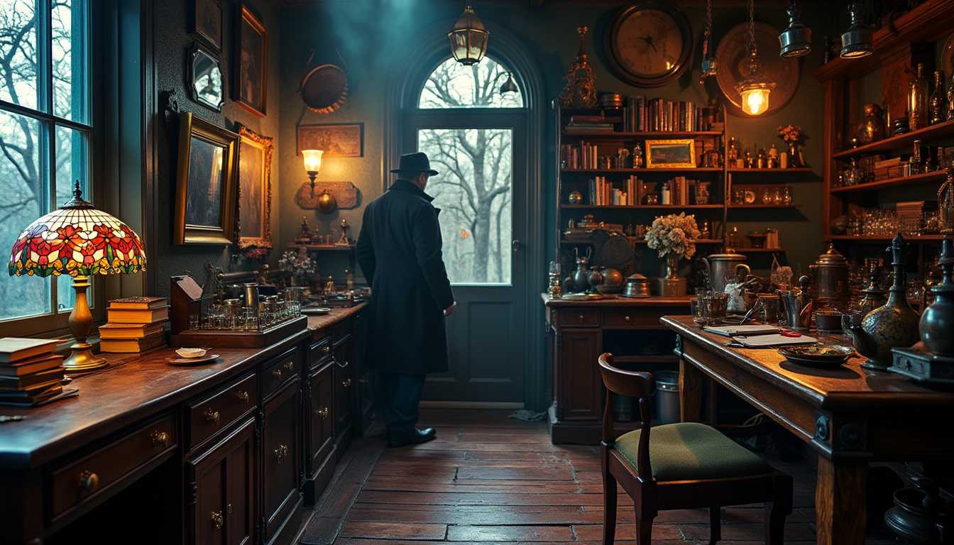 masterpiece, best quality, highres, sharp image, more detail, *MIRRORS ALL OVER, ALL REFLECTIVE OBJECTS MIRRORS ITS SURROUNDINGS*, Victorian-era steampunk laboratory at night, bathed in the warm, ambient glow of 1 Tiffany lamp. The room is filled with intricate details and reflective surfaces as mirrors, casting a eerie mood on the elaborately designed space. Shadows dance across the room, creating an interplay of light and dark, highlighting the steampunk and Art Deco accessories scattered throughout. The air is thick with the scent of old books and faint traces of exotic tinctures, elexirs, reflection in a spoon, enhancing the room's enigmatic, mysterious atmosphere.
*in a mirror behind him wee see a faint ghostly relection of Dr Moriaty, evil looking old man with a beard, looks cunning*
A distinguished 45-year-old Sherlock Holmes stands facing the camera,* in a mirror behind him wee see a faint ghostly relection of Dr Moriaty.*  hes newly shaved, looking at a note in hes right hand and a magnifying looking glass in the left,  impeccably dressed in luxurious Victorian attire that reflects his upper-society status. he is a pale looking person, dark shadows under hes eyes. His eyes gleam with excitement as he smiles subtly, having just discovered a crucial clue.* in a mirror behind him wee see a faint ghostly relection of Dr Moriaty.*  The room around him is a treasure trove of meticulously arranged artifacts, each contributing to the overall ambiance of refined intelligence and steampunk sophistication. in a mirror behind him wee see a faint ghostly relection of Dr Moriaty.

Mirrors of all sizes, from small shaving mirrors to larger wall-mounted ones, capture the light, creating a mesmerizing cascade of reflections across the room. On a polished wooden table, various reflective objects—polished brass match holders, a glass globe, and a silver cigarette case—glint under the soft lighting. The polished silver tray holds an array of Sherlock's personal belongings: