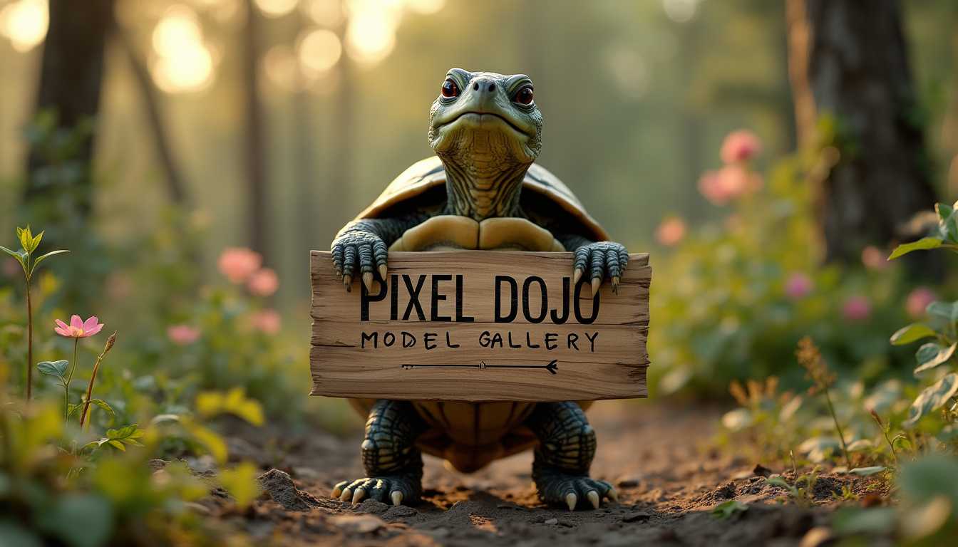A photorealistic image of a turtle standing upright on its hind legs, holding a sign that says "PIXEL DOJO MODEL GALLERY" in bold, clean letters. The turtle's shell is richly textured with shades of green and brown, catching soft ambient lighting that highlights its natural patterns. Its skin is detailed with intricate scales, and the turtle exhibits a curious and endearing expression. The sign is a rustic wooden plank with a vintage, slightly worn look, with the text carved and painted in white. 

The scene is set outdoors in a lush, sun-dappled forest clearing during the golden hour, casting warm, natural light that adds depth and softness to the surroundings. The background includes a mix of tall trees, green foliage, and a few scattered flowers, creating a serene and inviting atmosphere. The camera angle is at eye level with the turtle, capturing the upright stance in full view and emphasizing the sign in its front flippers. The focus is sharp on the turtle and sign, with a slightly blurred bokeh effect in the background to enhance depth and draw attention to the main subject.