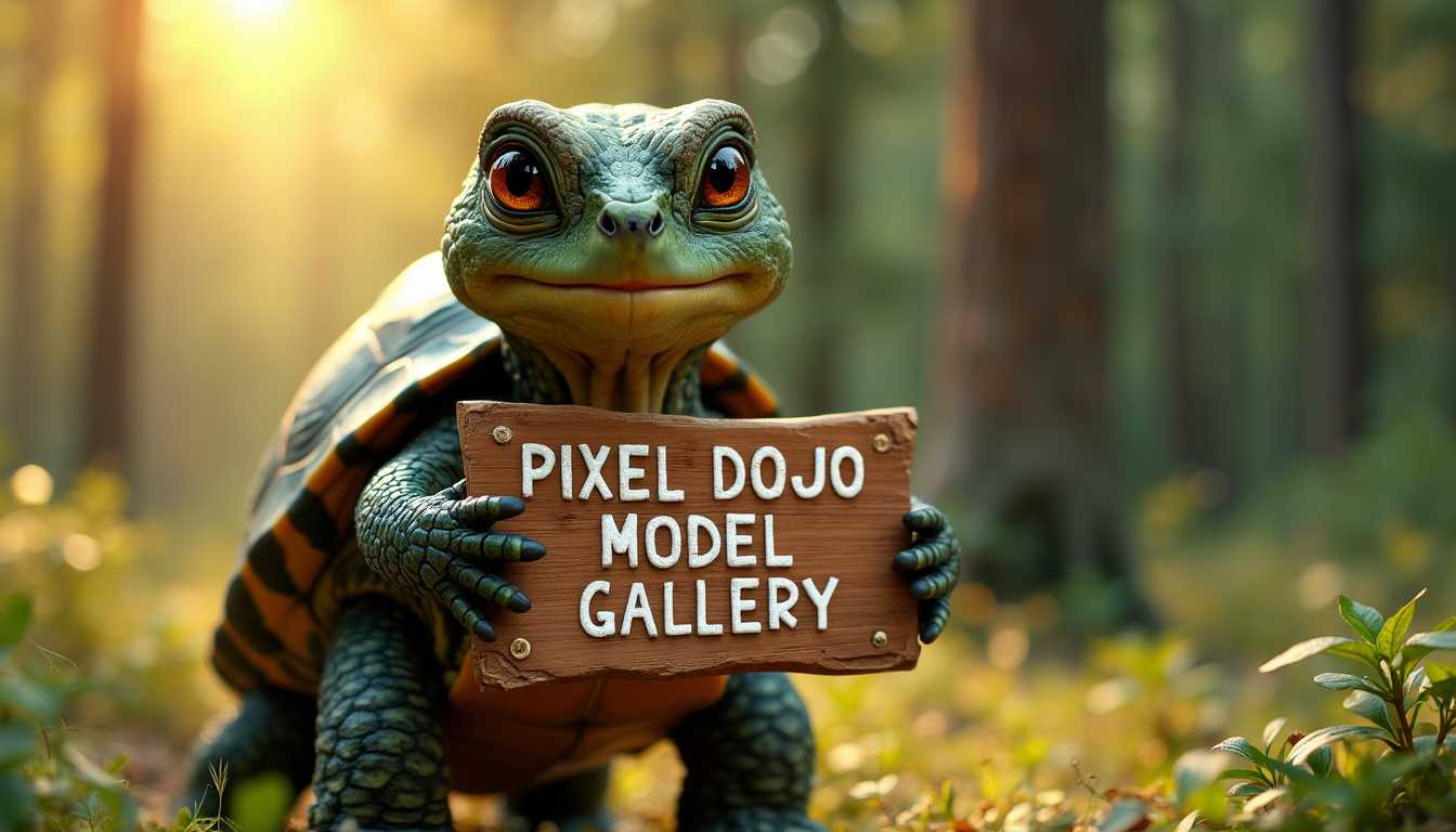 A photorealistic image of a turtle standing upright on its hind legs, holding a sign that says "PIXEL DOJO MODEL GALLERY" in bold, clean letters. The turtle's shell is richly textured with shades of green and brown, catching soft ambient lighting that highlights its natural patterns. Its skin is detailed with intricate scales, and the turtle exhibits a curious and endearing expression. The sign is a rustic wooden plank with a vintage, slightly worn look, with the text carved and painted in white. 

The scene is set outdoors in a lush, sun-dappled forest clearing during the golden hour, casting warm, natural light that adds depth and softness to the surroundings. The background includes a mix of tall trees, green foliage, and a few scattered flowers, creating a serene and inviting atmosphere. The camera angle is at eye level with the turtle, capturing the upright stance in full view and emphasizing the sign in its front flippers. The focus is sharp on the turtle and sign, with a slightly blurred bokeh effect in the background to enhance depth and draw attention to the main subject.