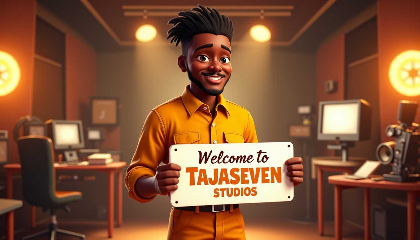 disney style, Disney Pixar-style illustration of a handsome black man standing confidently in a lively, cozy, and fancy filming production studio. He is in his late 30s with an expressive face, large eyes, and a warm, friendly smile. He has a low haircut. He is wearing a gold and dark orange outfit, consisting of a dark orange button-down shirt paired with dark gold slacks. The man is holding a white sign with bold, elegant lettering that reads "Welcome to TAJASEVEN STUDIOS". The background features various film equipment, studio lights softly glowing, and intricate details reflecting a creative and welcoming ambiance. The lighting creates a bright and cheerful mood, highlighting the vibrant colors and energy of the studio. The entire composition radiates an inviting and professional atmosphere, aligned with the whimsical and detailed style typical of Pixar animations.
