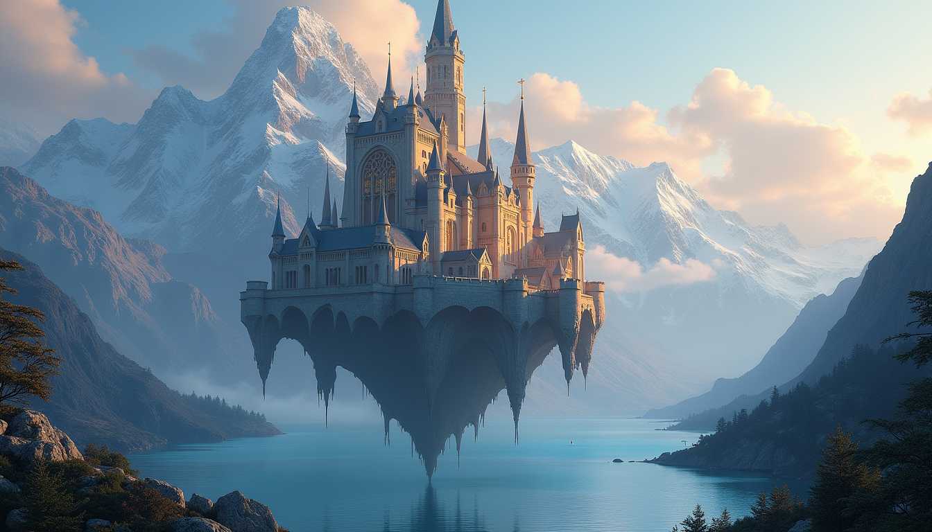 Surreal Floating Castle Perched atop Majestic Mountains