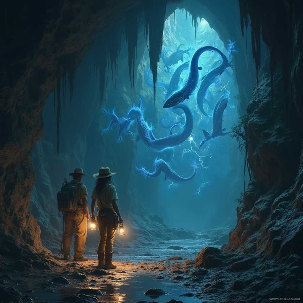 A pair of adventurers, a woman and a man, dressed in rugged safari clothes complete with khaki shirts, cargo pants, and wide-brimmed hats, stand amidst the vast expanse of a gigantic, dark, and dismal cave. the two humans are terrified, looking up at the threat of the eels. The cave's rocky walls are covered in patches of moss and ancient, enigmatic carvings that faintly reflect the dim, eerie glow. Overhead, a swarm of electric eels, their bodies pulsating with vibrant blue sparks and crackles of electricity, illuminate the cave's shadowy recesses with an otherworldly, flickering light. The adventurers are positioned near the center of the cavern, the man holding a lantern that casts a warm, amber glow, and the woman wielding a map with determined focus. The lighting captures the slick dampness of the cave walls, creating stark contrast and a dynamic interplay of shadows and highlights. The scene evokes a sense of mystery and excitement, with an atmosphere thick with the sound of dripping water and the distant echoes of the groaning earth. Style: Realistic adventure art with intricate detailing and atmospheric lighting. The composition is framed from a mid-ground perspective, capturing both the adventurers and the ethereal eels in a single mesmerizing shot.