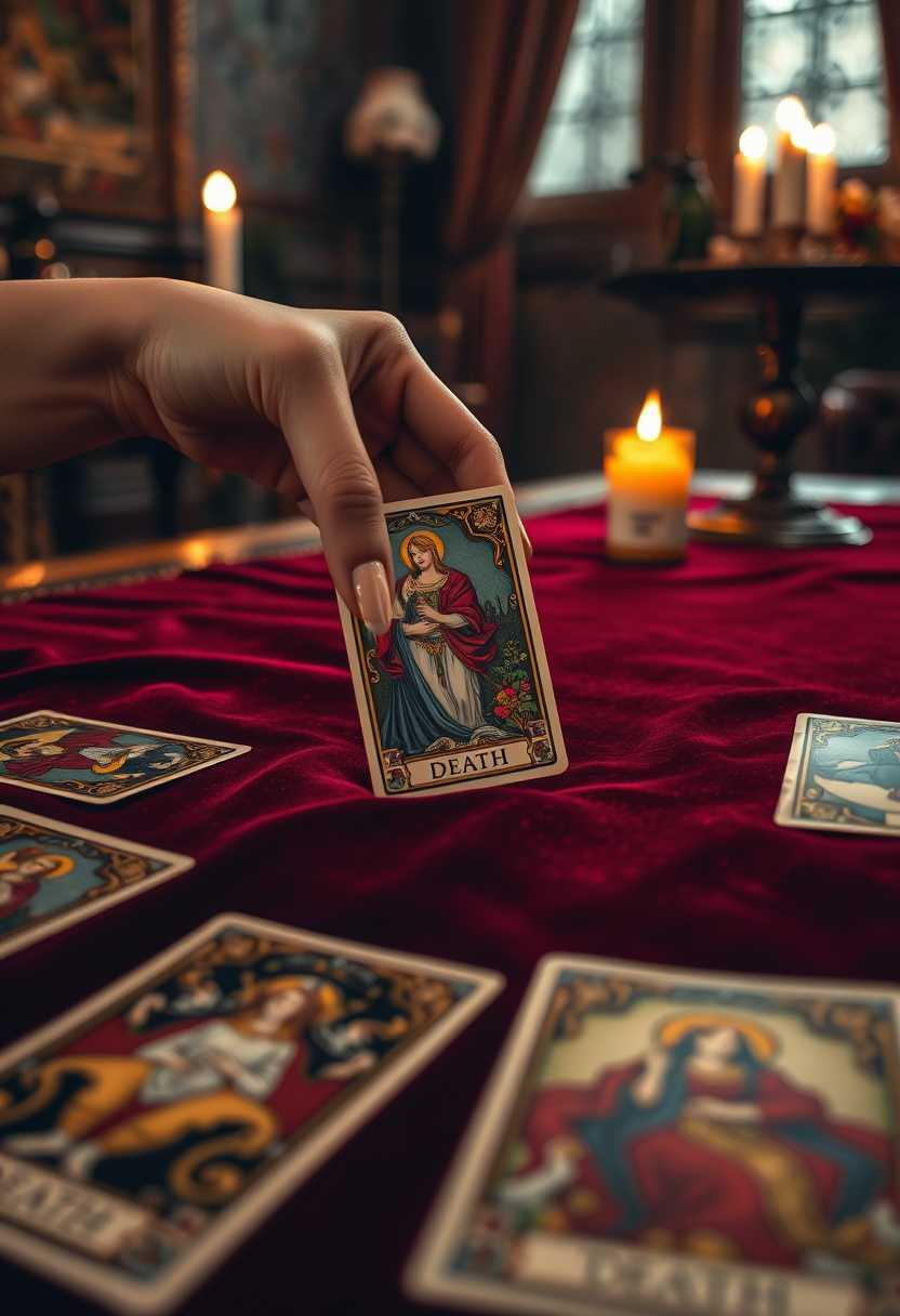 A close-up of an ornate wooden table draped with a deep, rich velvet cloth. The focus is on a delicate, slender female hand with well-manicured nails, gently placing the "DEATH" card from a beautifully illustrated tarot deck onto the table. The card itself features intricate, Gothic art with vivid colors and finely detailed imagery. Other tarot cards are laid out around it, each showcasing their unique artwork. The scene is softly lit by the warm, flickering glow of candlelight, casting gentle shadows and creating an intimate, mystical atmosphere. In the background, the faint suggestion of a cozy, dimly lit room with rich tapestries and antique furniture can be seen, enhancing the old-world, magical ambiance. The style of the image should blend realism with fantastical elements, capturing the enigmatic essence of a tarot reading.
