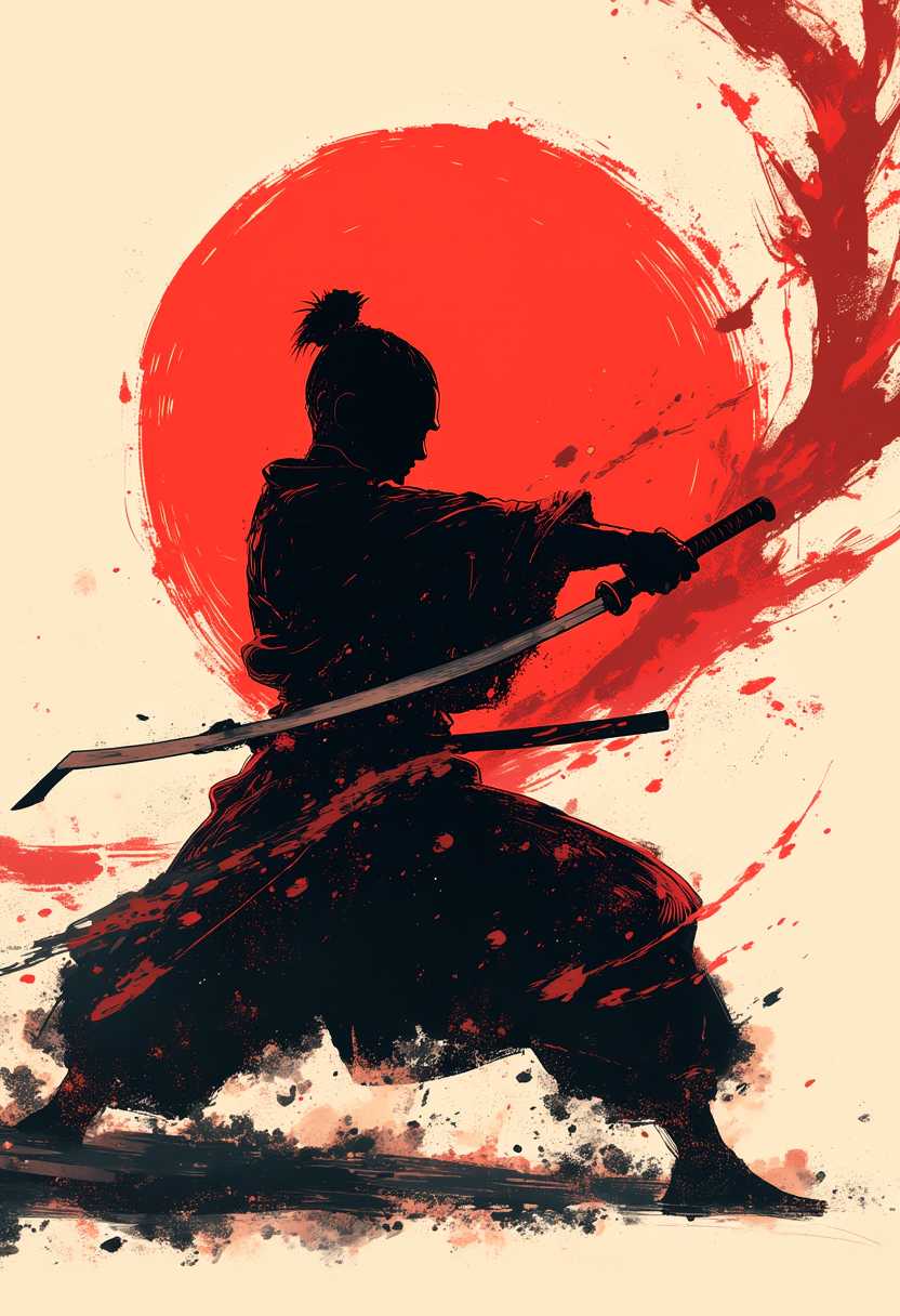 anime style, abstract illustration of a samurai warrior swinging his katana, solid colors, silhouette, dynamic pose, sword trail, cutout, surreal,
