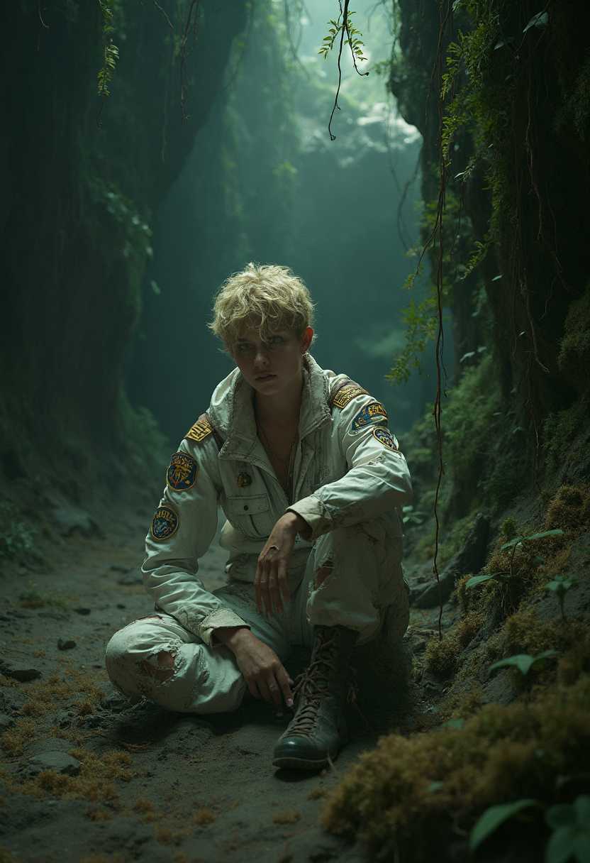 In a dimly lit, cavernous expanse overgrown with lush, emerald-green vines that hang from the rugged cave walls, a beautiful, thin, tall woman sits on the floor. Her frizzy blonde hair is cut short, starkly contrasting against her dark, expressive black eyebrows. She wears a dirty white, one-piece coverall flightsuit adorned with distinct military emblems, though the suit is ripped, torn, and tattered, and covered in dirt, suggesting a recent struggle.  The cave's ambiance is eerie and tense, with the faint light filtering through cracks in the cave ceiling, casting dappled shadows on the moss-covered ground. The scene captures the raw emotion and atmospheric tension, reminiscent of a high-stakes moment in a dystopian sci-fi adventure, with a focus on dramatic lighting and intricate details in the environment and characters.  The image focus on the upper half of her body, as she holds up her arms to fend off an imaginary attack
