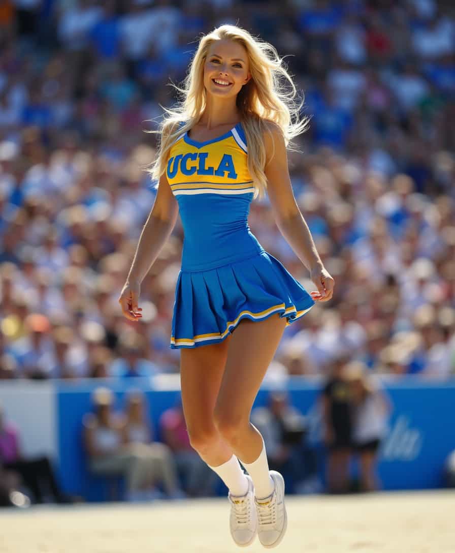 perfect10, The image captures an incredibly hot blonde UCLA cheerleader in mid-performance, exuding both athleticism and allure. Her long, golden hair cascades in loose waves, catching the light and framing her strikingly symmetrical face, which is adorned with subtle yet effective makeup that highlights her high cheekbones and full lips. She is dressed in the iconic UCLA cheerleading uniform: a form-fitting, sleeveless top in vibrant blue and gold, emblazoned with the university's logo across her chest, and a matching pleated skirt that flares out as she leaps into the air. Her toned, tanned legs are accentuated by white knee-high socks and pristine white sneakers, completing the classic cheerleader look. The background is a blur of a packed stadium, with the crowd's energy palpable, but all eyes are drawn to her dynamic pose and radiant smile. The image is a perfect blend of athletic prowess and captivating beauty, capturing the essence of collegiate cheerleading.