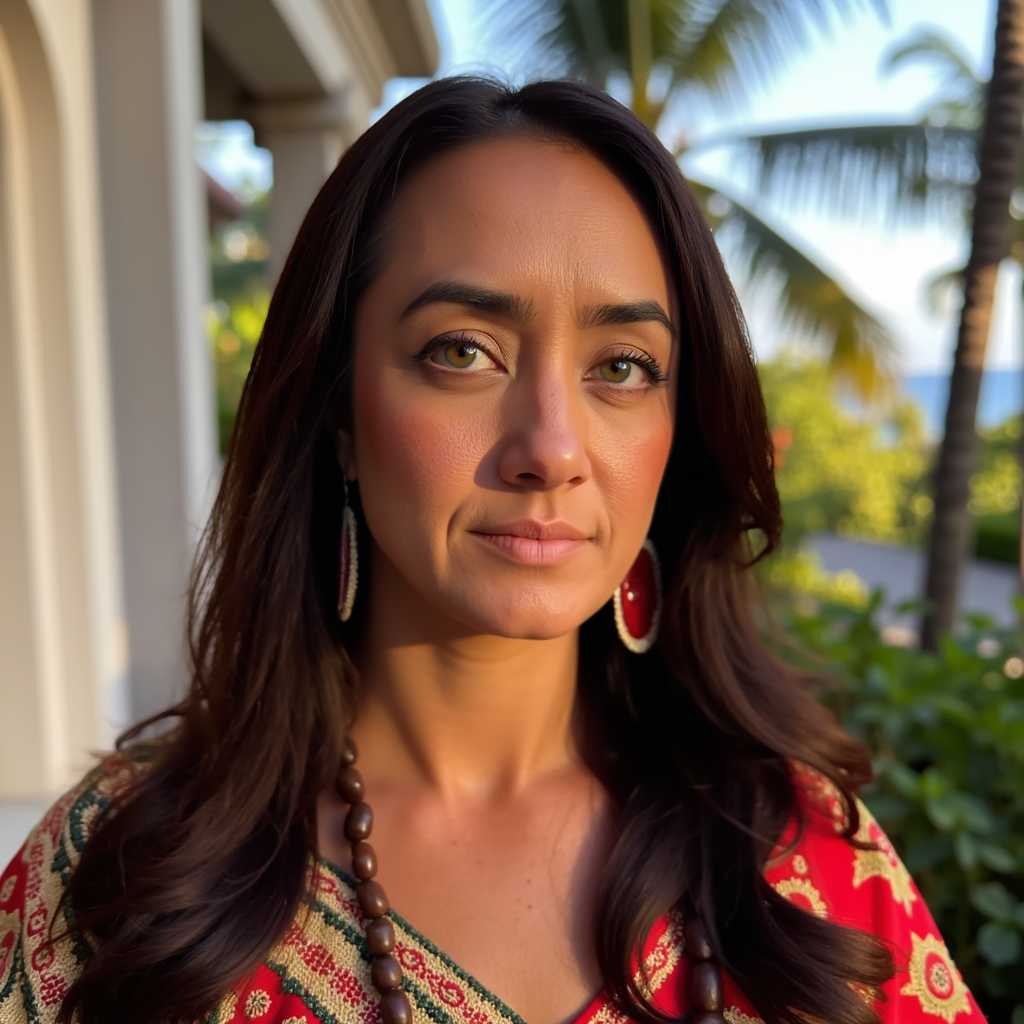 A high-resolution photograph featuring an ALEMAP woman, captured in a medium shot from the chest up. The woman gazes directly into the camera with a confident and serene expression. Her skin has a warm, rich tone, highlighting the natural texture. She is dressed in traditional ALEMAP attire, adorned with intricate patterns and vibrant hues of red, gold, and green, which stand out vividly against a softly blurred background. The lighting is natural, captured during the golden hour, casting a gentle glow that enhances her features and adds a sense of warmth to the scene. The backdrop is minimalistic yet elegant, featuring a soft bokeh effect with hints of nature, such as blurred greenery, suggesting an outdoor setting. The composition is balanced, with the woman centrally positioned, allowing her striking attire and facial expression to be the focal points. The photograph has a contemporary style, utilizing a shallow depth of field to create a professional and polished look while maintaining a culturally authentic and respectful representation.
