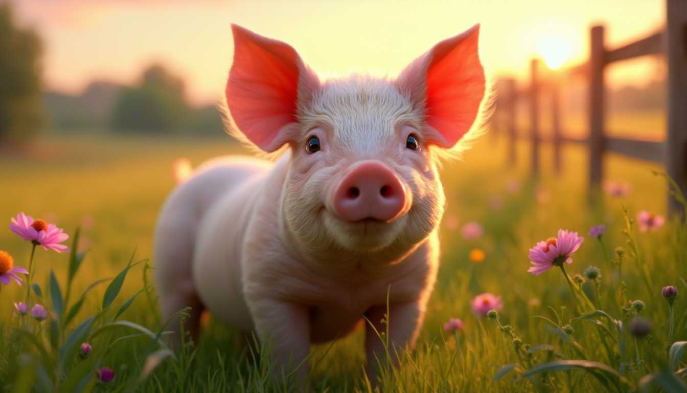 Portrait of a pig in a lush green meadow during golden hour. The pig has a light pink skin tone with subtle, natural markings. Its snout is large and endearing, with tiny, black eyes reflecting the warm sunlight. The pig's ears are slightly floppy and add a touch of charm. The meadow is dotted with colorful wildflowers, their petals catching the soft breeze. 

In the background, a rustic wooden fence is partially visible, adding a sense of depth to the composition. The sun is low on the horizon, casting long shadows and bathing the scene in a warm, golden glow. The sky is a gradient of soft oranges, pinks, and purples as the sun sets. 

The overall mood is serene and idyllic, evoking a sense of peace and simplicity. The details on the pig, such as the texture of its skin and the slight dirt marks, are captured with sharpness and clarity. 

Render this scene in a hyper-realistic style, with a focus on intricate details and a harmonious color palette. The camera angle is at eye level with the pig, creating a connection between the subject and the viewer. The depth of field is shallow, ensuring the pig is the clear focal point while the background remains softly blurred.