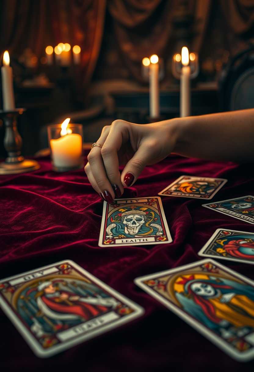 A close-up of an ornate wooden table draped with a deep, rich velvet cloth. The focus is on a delicate, slender female hand with well-manicured nails, gently placing the "DEATH" card from a beautifully illustrated tarot deck onto the table. The card itself features intricate, Gothic art with vivid colors and finely detailed imagery. Other tarot cards are laid out around it, each showcasing their unique artwork. The scene is softly lit by the warm, flickering glow of candlelight, casting gentle shadows and creating an intimate, mystical atmosphere. In the background, the faint suggestion of a cozy, dimly lit room with rich tapestries and antique furniture can be seen, enhancing the old-world, magical ambiance. The style of the image should blend realism with fantastical elements, capturing the enigmatic essence of a tarot reading.