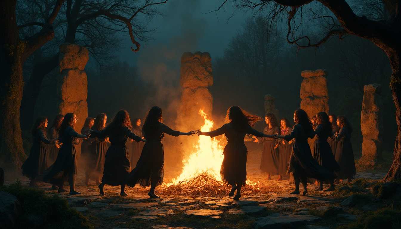photographic image, a still from a 1950's horror film, depicting a nocturnal scene where witches are performing a black mass. They are dancing around a large, roaring fire, their bodies illuminated by the flickering orange and yellow flames. The witches' movements are dynamic and expressive, showing wild abandon and ecstatic fervor. The setting is within an ancient stone circle, with towering, moss-covered stones casting long, eerie shadows across the ground. The surrounding forest is dark and dense, with twisted, gnarled trees partially visible beyond the stones. The night sky above is a deep indigo, dotted with stars. The overall mood is mysterious and otherworldly, with an atmosphere thick with ancient magic and arcane rituals. The print should exhibit fine details in the textures of the witches' hair and stone surfaces, and subtle gradations in ink to create depth and contrast.