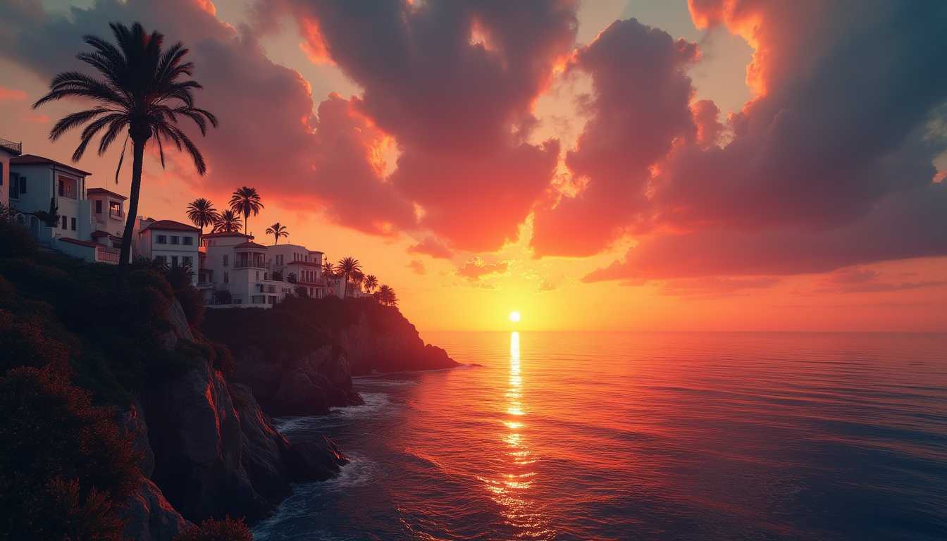 A breathtaking Portuguese sunset over the Atlantic Ocean, captured in the warm hues of twilight. The sky is painted with gradients of deep oranges, vibrant reds, and soft purples, seamlessly blending into the darkening blue of the impending night. The sun, a glowing orb, is halfway beneath the horizon, casting a golden pathway across the calm sea. Silhouetted against this radiant backdrop, a charming coastal village with white-washed houses and terra-cotta rooftops nestles atop rugged cliffs. Palm trees sway gently in the evening breeze, their shadows adding depth and contrast to the scene. The camera angle is a wide shot, slightly elevated to capture both the expansive sky and the tranquil ocean. The mood is serene and romantic, with a touch of nostalgia, as the day transitions into night. Soft, diffused lighting emphasizes the textures of the clouds and the shimmering water, while the vibrant colors highlight the natural beauty and peaceful ambiance. Photorealistic style with a focus on intricate details and dramatic lighting.