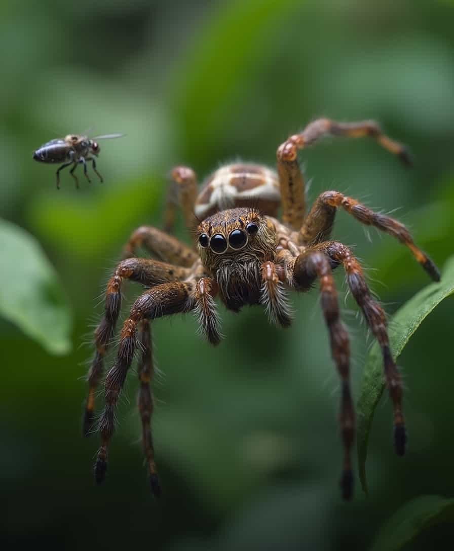  hairy tarantel spider in jungle, jumping and catching a fly