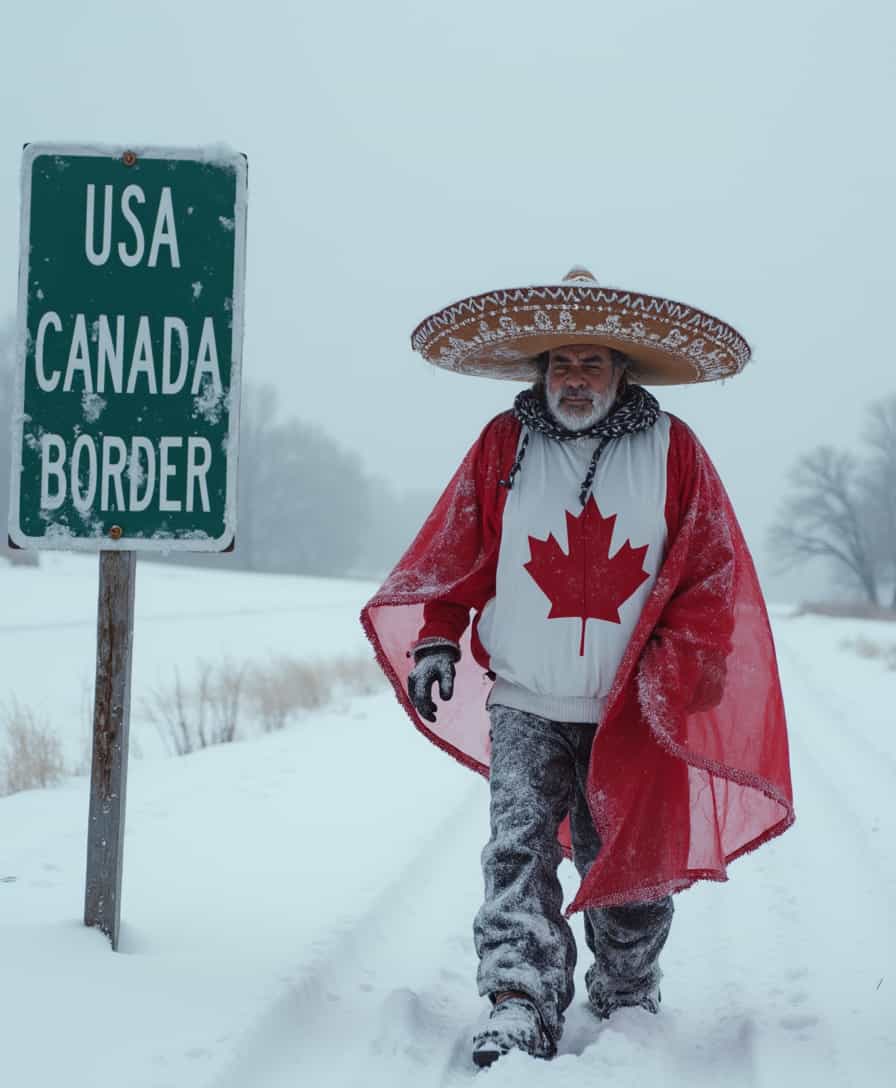a Canadian/Mexican freezing covered in ice, wearing the Canadian flag with a sombrero, looking at viewer, facing camera, shivering lips, crossing the USA/Canada border walking next to a sign with the words "USA Canada Border"