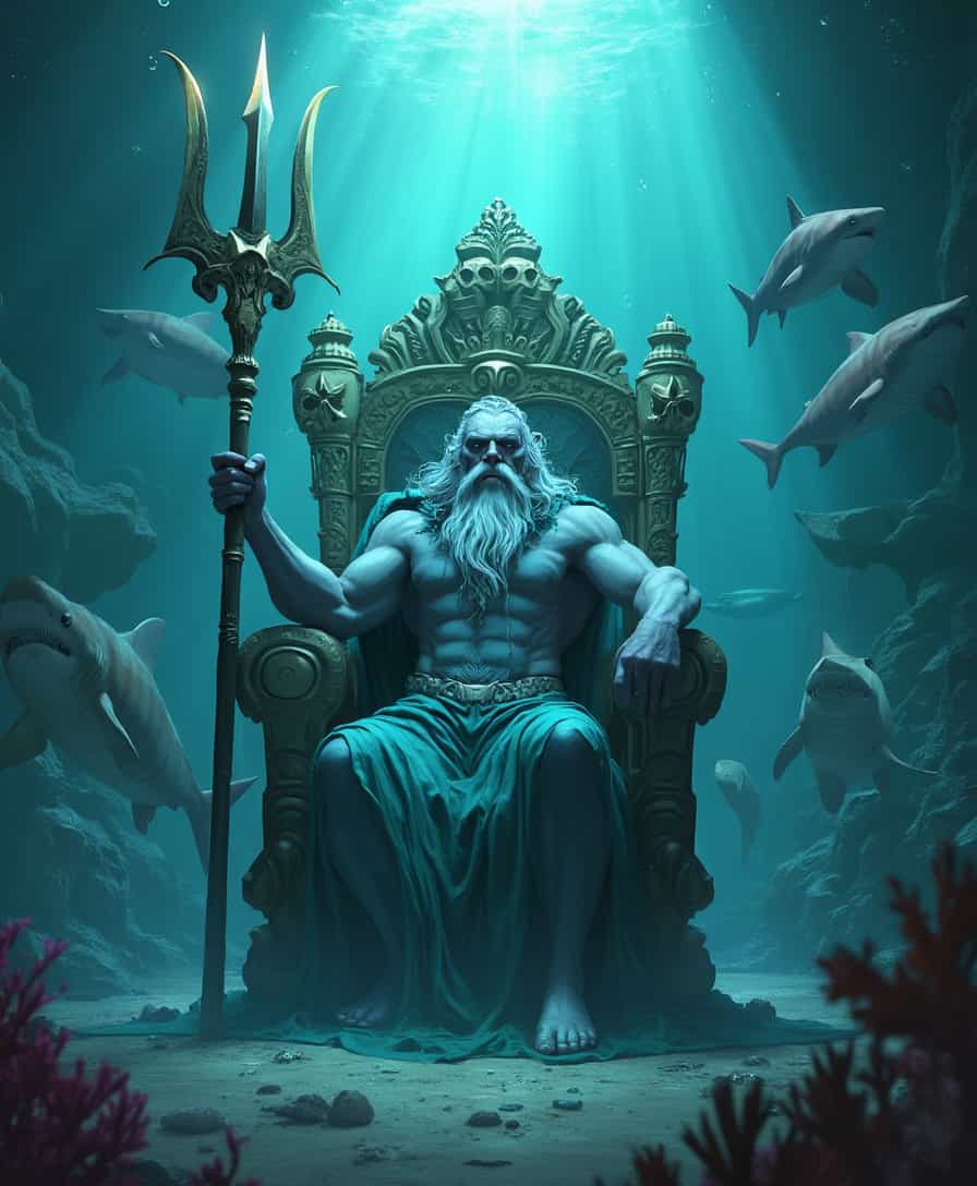 Pixar image of sea god Poseidon in his underwater castle, surrounded with colorful marine wildlife. His aggressive trident gleams in the muted light that filters through the water. He is seated on a grand throne, with skull decorations and bone artistry. Large Tiger sharks stand close on each side of the throne while other marine creatures swim in the vast bluish-green sea around him. He himself appears mighty and serene, his grey hair and beard reminiscent of the churning sea waters while his skin is a dark ice blue.