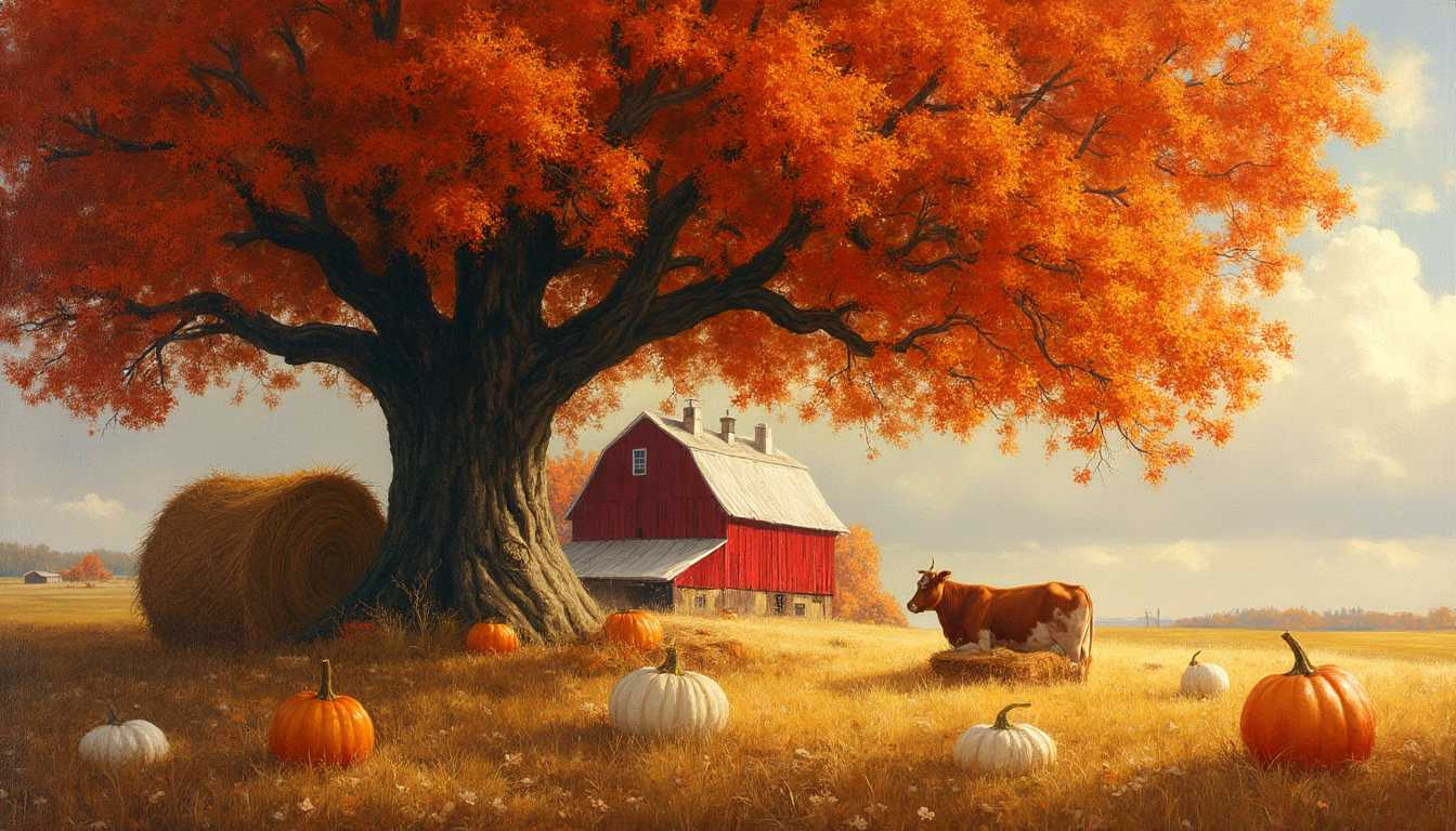 large foliage colored oak tree red barn hay bales baby cow sleeping in sun white and orange pumpkins detail oil paint