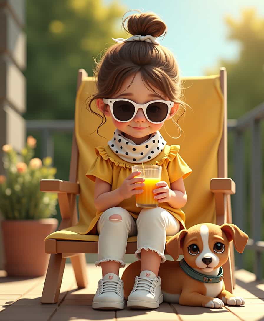 Adorable Girl with Puppy Enjoying a Refreshing Drink on a Sunny Day