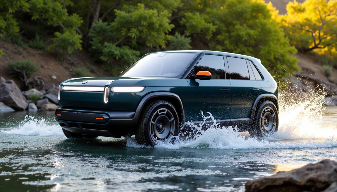 Rivian Electric SUV in Action Navigating Through a Stream