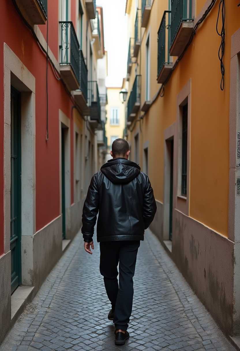 a photo of BLOVE man, walking down a narrow alley in Lisbon