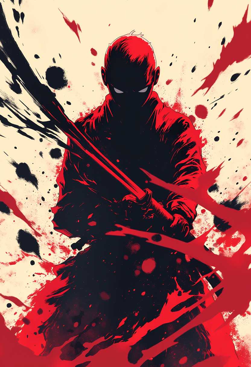 anime style, abstract illustration of a samurai warrior swinging his katana, solid colors, silhouette, dynamic pose, sword trail, cutout, surreal,
