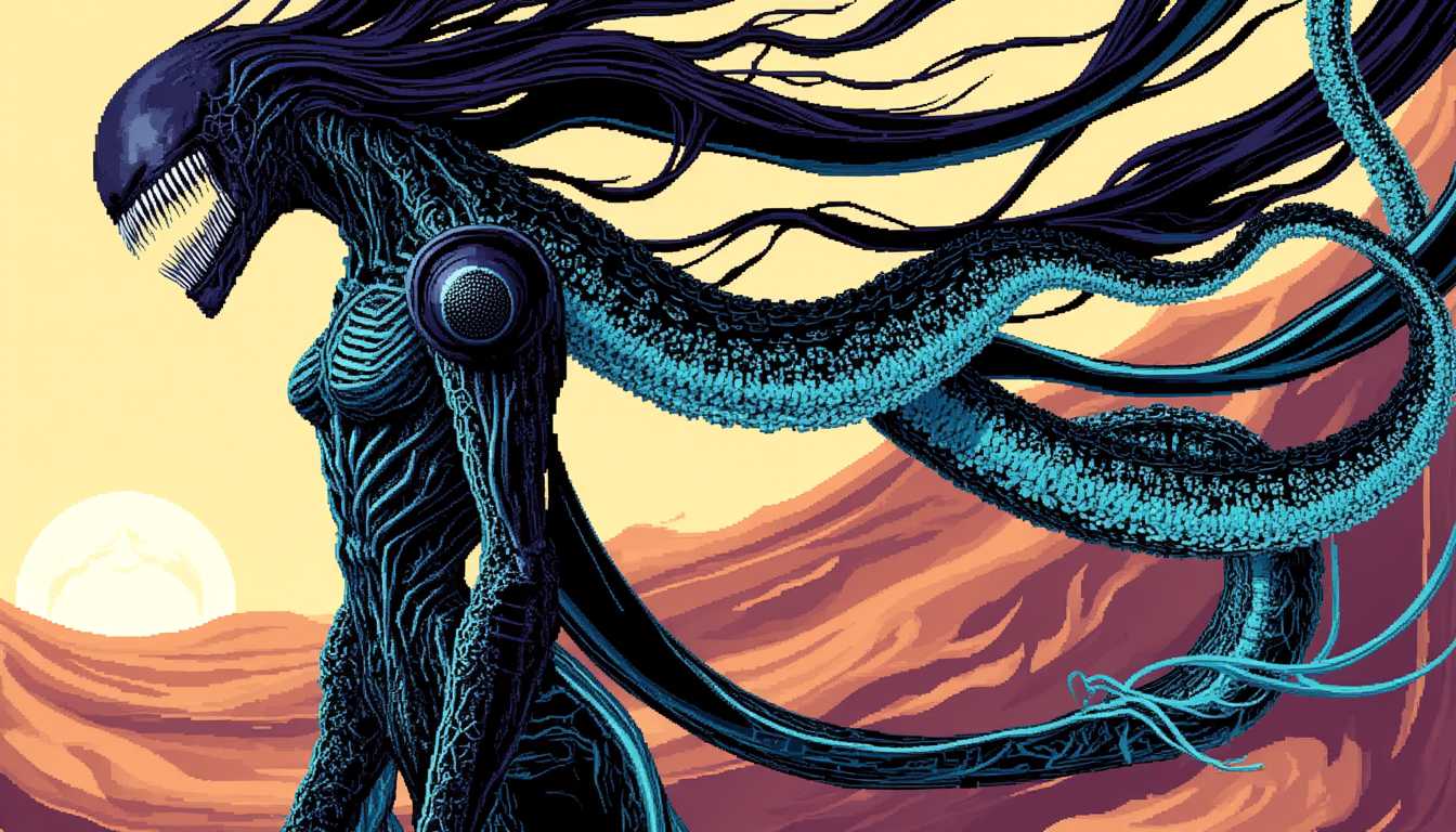 In the style of TOK, a BEC female, Ultra Sharp & Detailed 16-bit pixel graphic illustration: Lone female warrior in a desolate, sandy desert, captured from a diverse range of camera angles in a full-frame action scene. She is wearing sleek, body-fit futuristic armor that huggingly contours her figure with a seamless, full-head-concealing helmet featuring an obsidian visor. The armor is adorned with metallic, organic patterns that pulse with energy and intricate carvings resembling flora and fauna. A flowing teal-blue scarf contrasts with her dark appearance. Around her, serpentine creatures with alien-like features coil and slither menacingly, adding to the atmosphere of tension and impending confrontation. Slicing waves of neon emerald teal energy leave her energy-construct blades, striking the serpentine creatures and cutting them down with explosive force, their guts splattering on the desert sands.

The scene is bathed in the harsh light of a golden sun hanging low in a sky tinged with burnt orange and deep purple, casting long shadows that emphasize the gritty, harsh environment. The composition captures the climactic moment of action, framing the warrior slightly off-center in a dynamic, diagonal layout that heightens the sense of motion and urgency.

