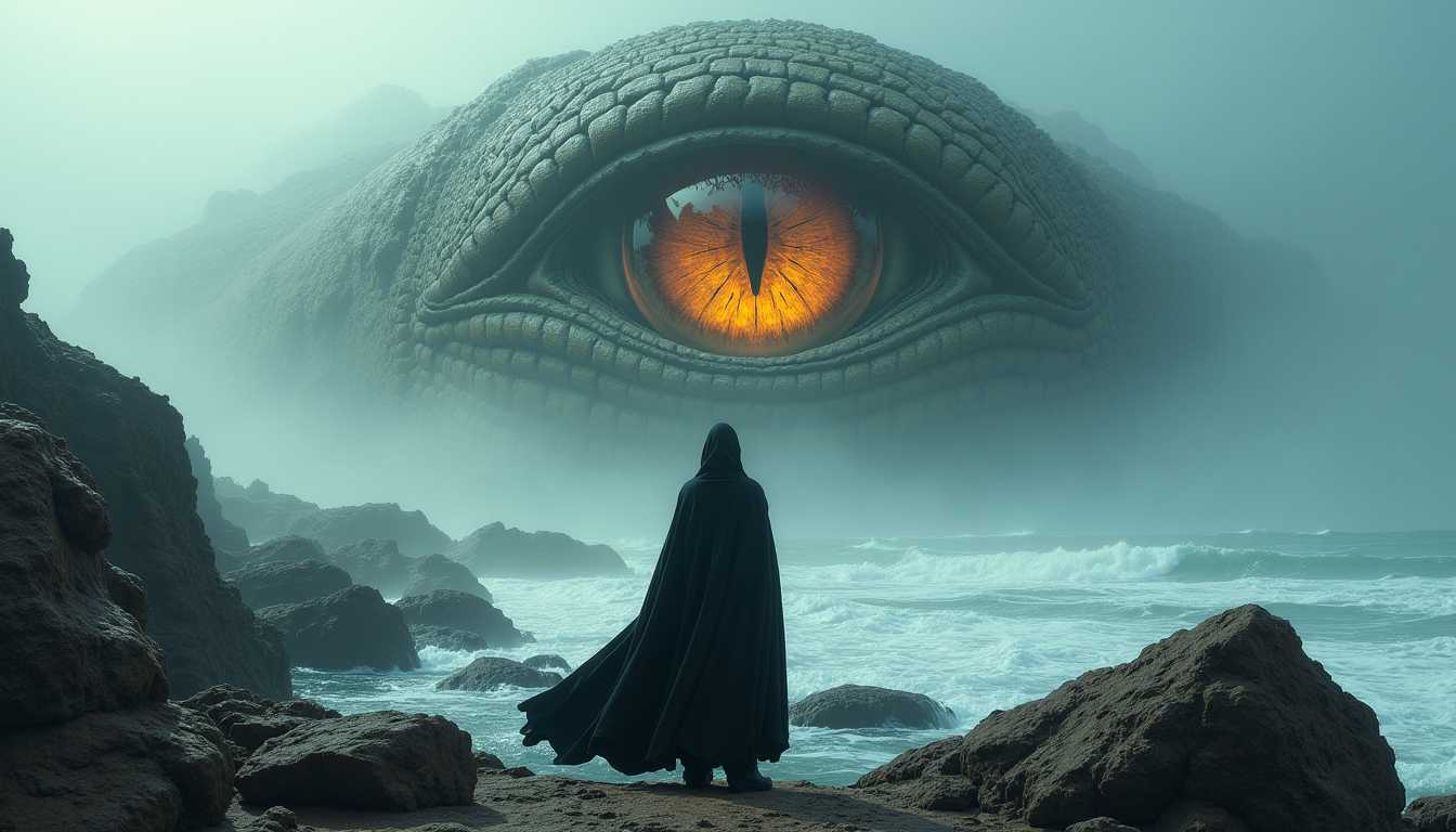 A person in a flowing black cloak stands solitary on a jagged, rocky shore, framed by the expansive ocean's edge. The sky is dominated by a massive, textured reptilian eye with a fiery iris and a single slit pupil, almost glowing against the cool, moody colors of the scene. The reptile's scales, an intricate mixture of earth tones with subtle hints of green, create a mesmerizing pattern. Mist and fog drift in and out, adding to the ethereal atmosphere and obscuring some of the distant landscape. Jagged rocks, uneven and sharp, jut defiantly out of the tumultuous waters, enhancing the ruggedness of the scene. The overall ambiance is one of mystery and awe, the cool, moody tones of the shore and fog starkly contrasted by the warm, almost hypnotic gaze of the eye in the sky. The composition centers on the cloaked figure, viewed from behind, as they face the monumental eye, encapsulating a moment of serene confrontation. The entire scene is bathed in a diffused, soft light, muted by the mist, adding to the enigmatic and otherworldly feeling. The use of chiaroscuro techniques emphasizes the contrast between light and dark, heightening the dramatic mood.