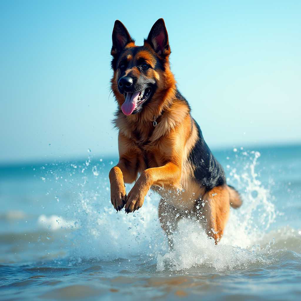 A majestic German Shepherd dog, mid-leap, splashing through the crystal-clear ocean waters. The dog's powerful muscles are clearly defined under its wet, glistening fur, which glows under the bright midday sun. Droplets of water are frozen in mid-air around the dog, reflecting the sunlight and creating a sparkling effect. The background features a serene, azure sky blending seamlessly into the horizon, with gentle waves rolling in the distance. The photo is taken from a low angle, near the water surface, capturing the full grandeur and energy of the moment. The overall mood is vibrant and exhilarating, with a sense of freedom and joy. This image should have the sharp detail and vibrant color palette typical of high-definition wildlife photography, perfectly balancing the dynamic action and the serene oceanic backdrop.
