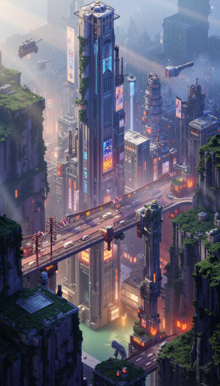 detailmaximizer, microarchitecture, abstract from above, view from above, accurate architecture, 3 point perspective, masterpiece, hyper-realisitic, medium format camera shot, fantasy concept art 8k, high quality, detailing, textures, cyberpunk metropolis by the river hidden between lush misty canyons, absurdly tall skyrise in the center, futuristic setting, buildings, highway, flying vehicles, industrial area, business area, neon lights, holographic billboards, skyscrapers, factories, lake, futuristic bridge across the river leads to the city,