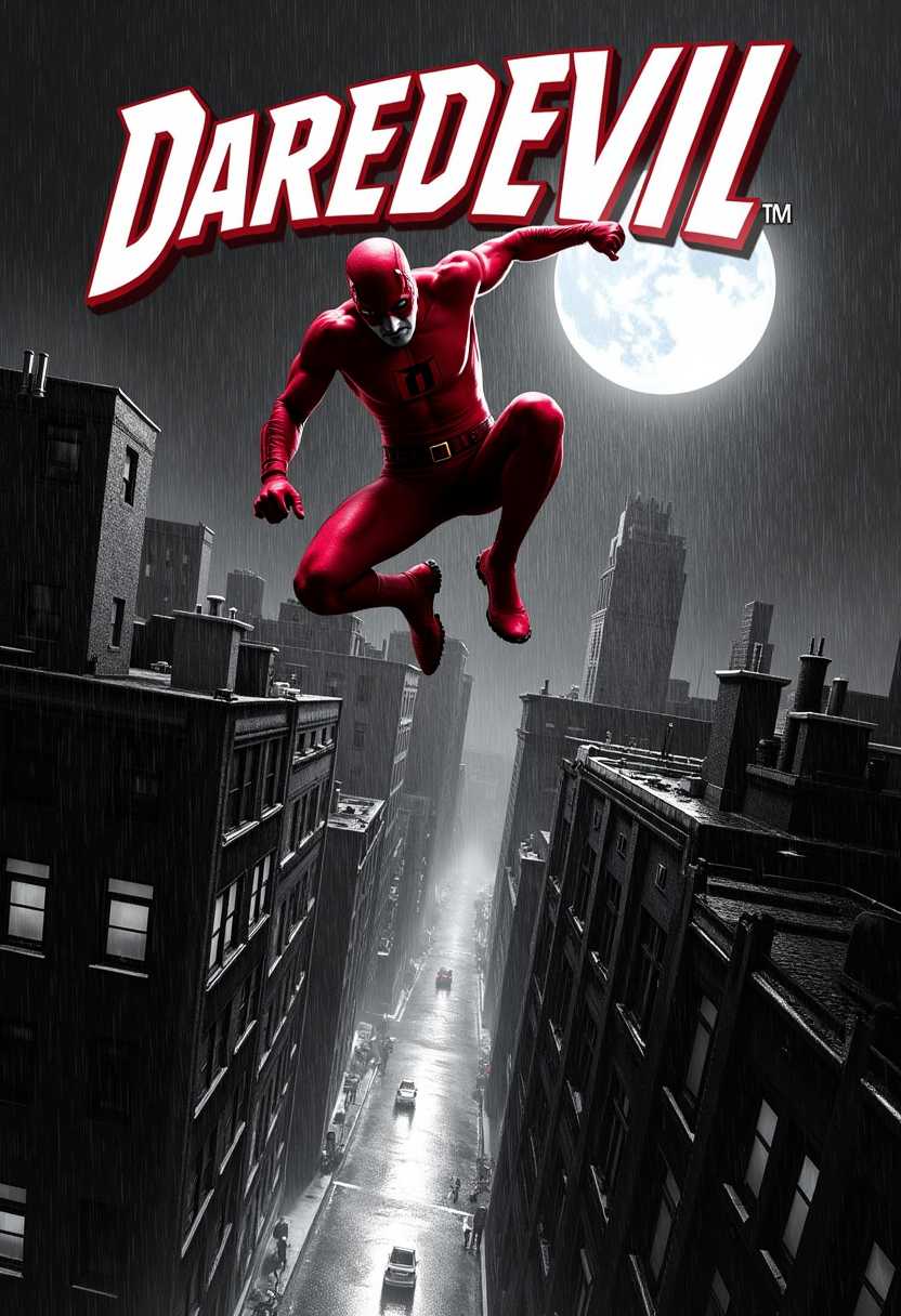 Marvel's Daredevil, in Hell's Kitchen New York, captured in a dynamic action scene at night. Daredevil is mid-leap, jumping from one rooftop to another, emphasized by his vivid red costume contrasting with the surrounding black and white cityscape. The streets below are slick with rain, reflecting the moonlight which creates a dramatic silhouette effect. The moon hangs low in the sky, casting silver rays through the rain. The rooftops are detailed with wet textures, shadows, and urban grittiness. Large, bold text reading "Daredevil" dominates the upper portion of the image. The scene is styled in a noir comic book format, with high contrast lighting, dramatic angles, and a tense, exhilarating mood.