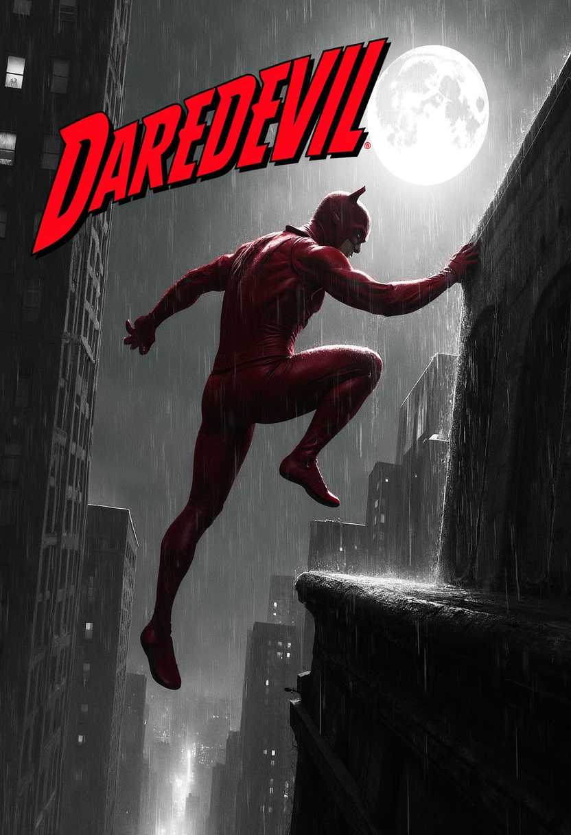 Daredevil, Marvel Comics, performing an acrobatic leap from one rooftop to another in Hell's Kitchen, New York, under the moonlit night sky. The scene is set in the rain, droplets sparkling in the subdued light. Daredevil is vividly rendered in bright, striking red, contrasting against the monochromatic black and white cityscape. The dark, gritty textures of the buildings and wet surfaces reflect the noir atmosphere of the scene. The camera angle captures Daredevil mid-air from a low perspective, emphasizing his dynamic motion and agility. The mood is intense and dramatic, illuminated by the soft glow of the moon, with shadows adding depth and mystery. Large, bold text stating "Daredevil" is prominently positioned, seamlessly integrating into the composition without detracting from the action.