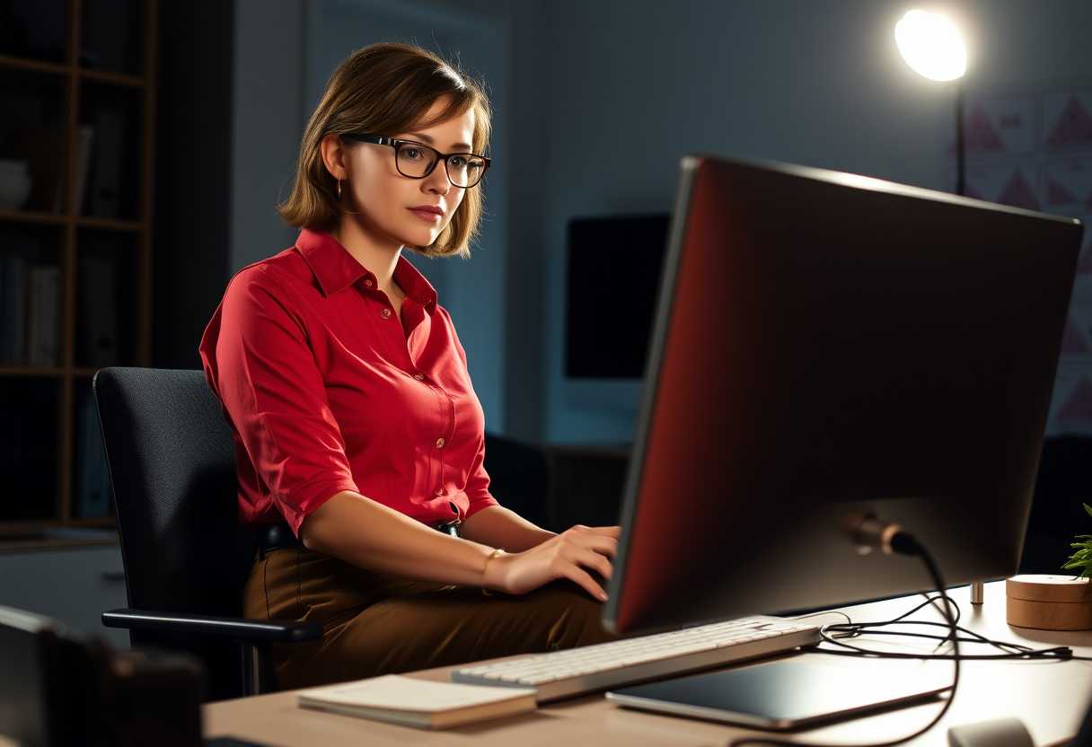 A woman wearing a red button-up shirt and brown slacks, she should be wearing eyeglasses, she should be looking frumpy in front of a computer in a dimly lit room