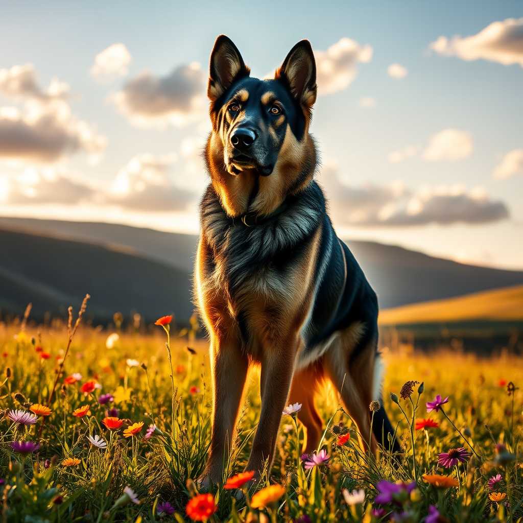 A majestic German Shepherd standing proudly in a lush, sunlit meadow, surrounded by wildflowers of various vibrant colors. The dog's coat glistens in the golden sunlight, highlighting the rich, mixed hues of black, tan, and silver. This scene is captured during the golden hour, casting a warm, soft light across the landscape, creating long, dramatic shadows that emphasize the dog’s strong, muscular build. In the background, a hint of rolling hills and a clear blue sky dotted with fluffy, white clouds adds depth to the composition. 

The German Shepherd is positioned centrally, slightly turned to one side, making eye contact with the viewer. The camera angle is low, at the dog’s eye level, providing a sense of intimacy and immediacy. The overall mood is one of serenity and majesty, capturing the noble spirit of the breed. The photograph is in high resolution with intricate details visible, including the texture of the dog’s fur, the delicate petals of the flowers, and the subtle gradients in the sky. 

Artistic style: Hyper-realistic photography, focusing on fine details and lifelike textures. 

Lighting: Golden hour, warm, natural light creating soft shadows and highlights. 

Atmosphere: Peaceful, late afternoon, gentle breeze rustling through