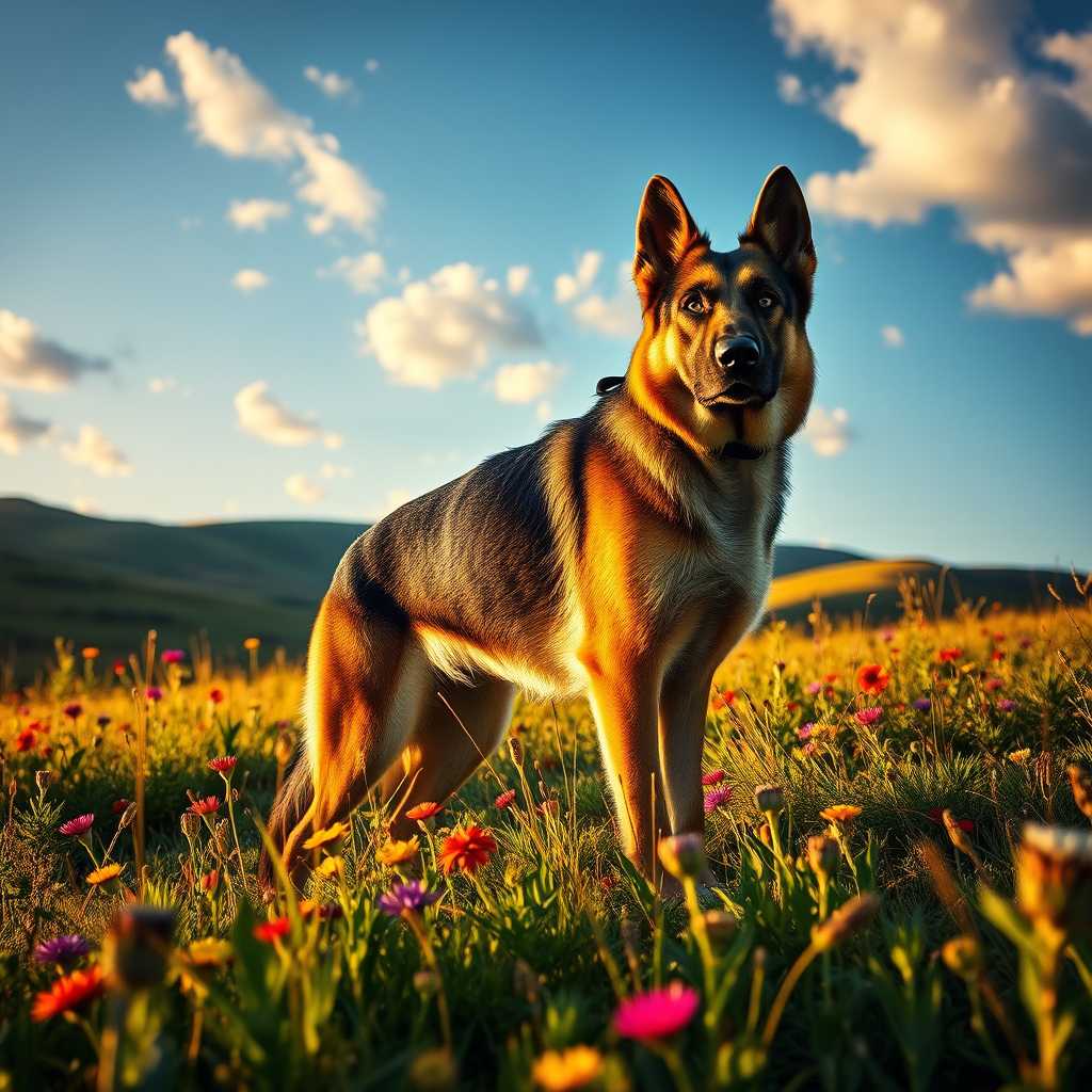 A majestic German Shepherd standing proudly in a lush, sunlit meadow, surrounded by wildflowers of various vibrant colors. The dog's coat glistens in the golden sunlight, highlighting the rich, mixed hues of black, tan, and silver. This scene is captured during the golden hour, casting a warm, soft light across the landscape, creating long, dramatic shadows that emphasize the dog’s strong, muscular build. In the background, a hint of rolling hills and a clear blue sky dotted with fluffy, white clouds adds depth to the composition. 

The German Shepherd is positioned centrally, slightly turned to one side, making eye contact with the viewer. The camera angle is low, at the dog’s eye level, providing a sense of intimacy and immediacy. The overall mood is one of serenity and majesty, capturing the noble spirit of the breed. The photograph is in high resolution with intricate details visible, including the texture of the dog’s fur, the delicate petals of the flowers, and the subtle gradients in the sky. 

Artistic style: Hyper-realistic photography, focusing on fine details and lifelike textures. 

Lighting: Golden hour, warm, natural light creating soft shadows and highlights. 

Atmosphere: Peaceful, late afternoon, gentle breeze rustling through