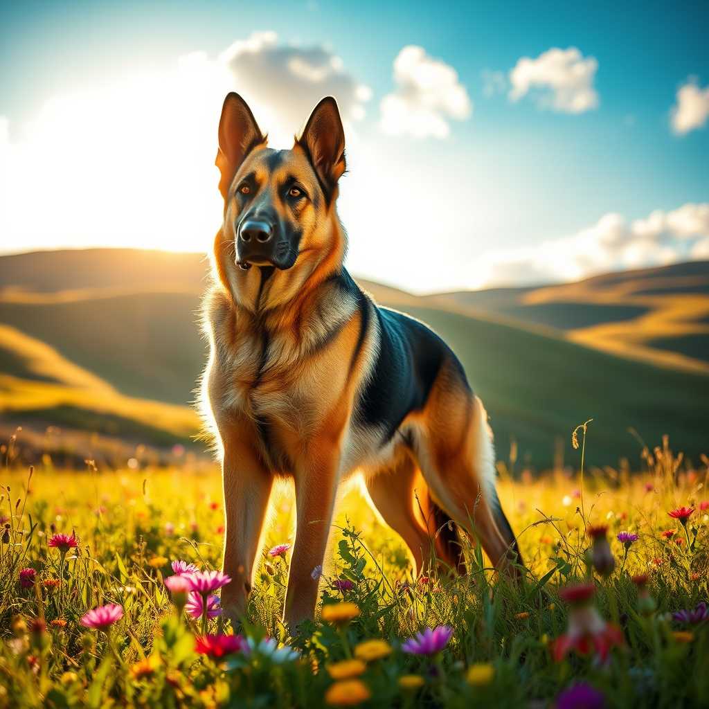 A majestic German Shepherd standing proudly in a lush, sunlit meadow, surrounded by wildflowers of various vibrant colors. The dog's coat glistens in the golden sunlight, highlighting the rich, mixed hues of black, tan, and silver. This scene is captured during the golden hour, casting a warm, soft light across the landscape, creating long, dramatic shadows that emphasize the dog’s strong, muscular build. In the background, a hint of rolling hills and a clear blue sky dotted with fluffy, white clouds adds depth to the composition. 

The German Shepherd is positioned centrally, slightly turned to one side, making eye contact with the viewer. The camera angle is low, at the dog’s eye level, providing a sense of intimacy and immediacy. The overall mood is one of serenity and majesty, capturing the noble spirit of the breed. The photograph is in high resolution with intricate details visible, including the texture of the dog’s fur, the delicate petals of the flowers, and the subtle gradients in the sky. 

Artistic style: Hyper-realistic photography, focusing on fine details and lifelike textures. 

Lighting: Golden hour, warm, natural light creating soft shadows and highlights. 

Atmosphere: Peaceful, late afternoon, gentle breeze rustling through