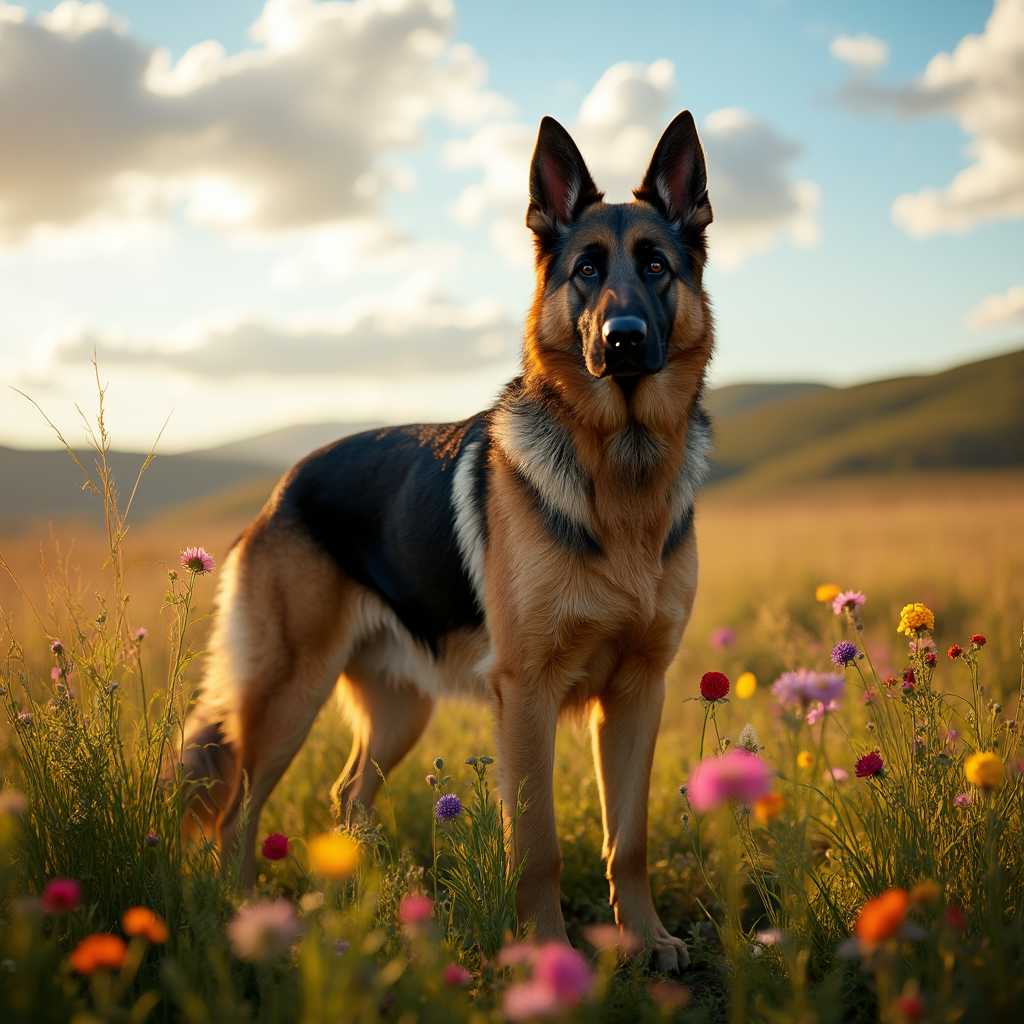 A majestic German Shepherd standing proudly in a lush, sunlit meadow, surrounded by wildflowers of various vibrant colors. The dog's coat glistens in the golden sunlight, highlighting the rich, mixed hues of black, tan, and silver. This scene is captured during the golden hour, casting a warm, soft light across the landscape, creating long, dramatic shadows that emphasize the dog’s strong, muscular build. In the background, a hint of rolling hills and a clear blue sky dotted with fluffy, white clouds adds depth to the composition. 

The German Shepherd is positioned centrally, slightly turned to one side, making eye contact with the viewer. The camera angle is low, at the dog’s eye level, providing a sense of intimacy and immediacy. The overall mood is one of serenity and majesty, capturing the noble spirit of the breed. The photograph is in high resolution with intricate details visible, including the texture of the dog’s fur, the delicate petals of the flowers, and the subtle gradients in the sky. 

Artistic style: Hyper-realistic photography, focusing on fine details and lifelike textures. 

Lighting: Golden hour, warm, natural light creating soft shadows and highlights. 

Atmosphere: Peaceful, late afternoon, gentle breeze rustling through