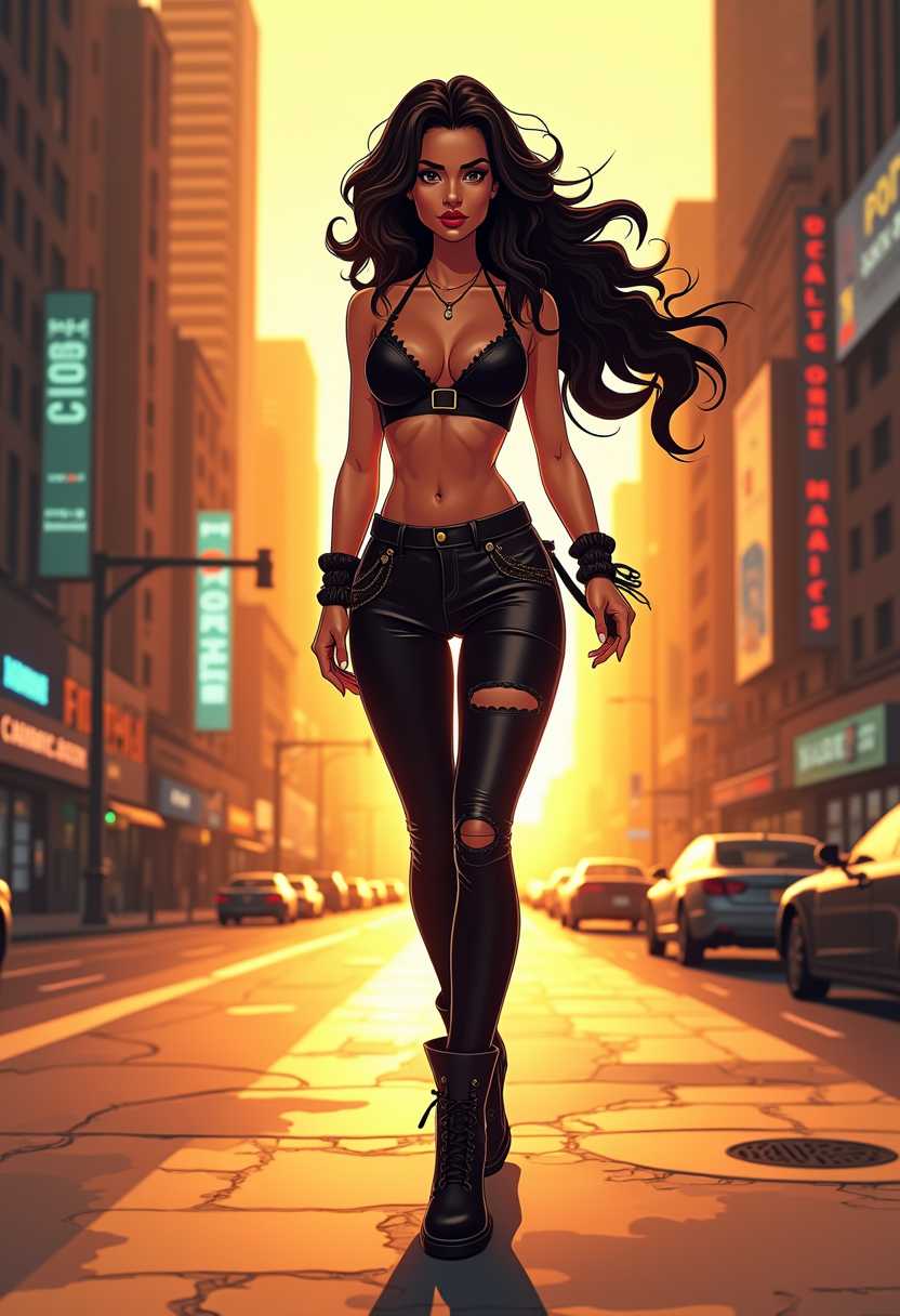 A full-body, cartoon-style illustration of a sensual woman walking confidently down a city street at sunset. The warm, golden light enhances her silhouette, casting long shadows on the ground. Her attire is fashionable and edgy, with a mix of leather and lace, and her hair flows dramatically in the breeze. The background features stylized skyscrapers and billboards with soft-focus details, allowing the viewer's attention to remain on her striking figure and bold, animated features."
