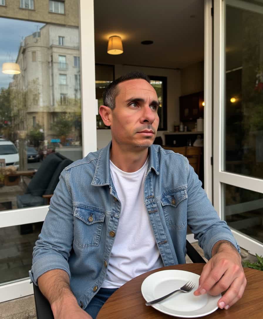 Man in Denim Jacket Seated at Outdoor Cafe Table