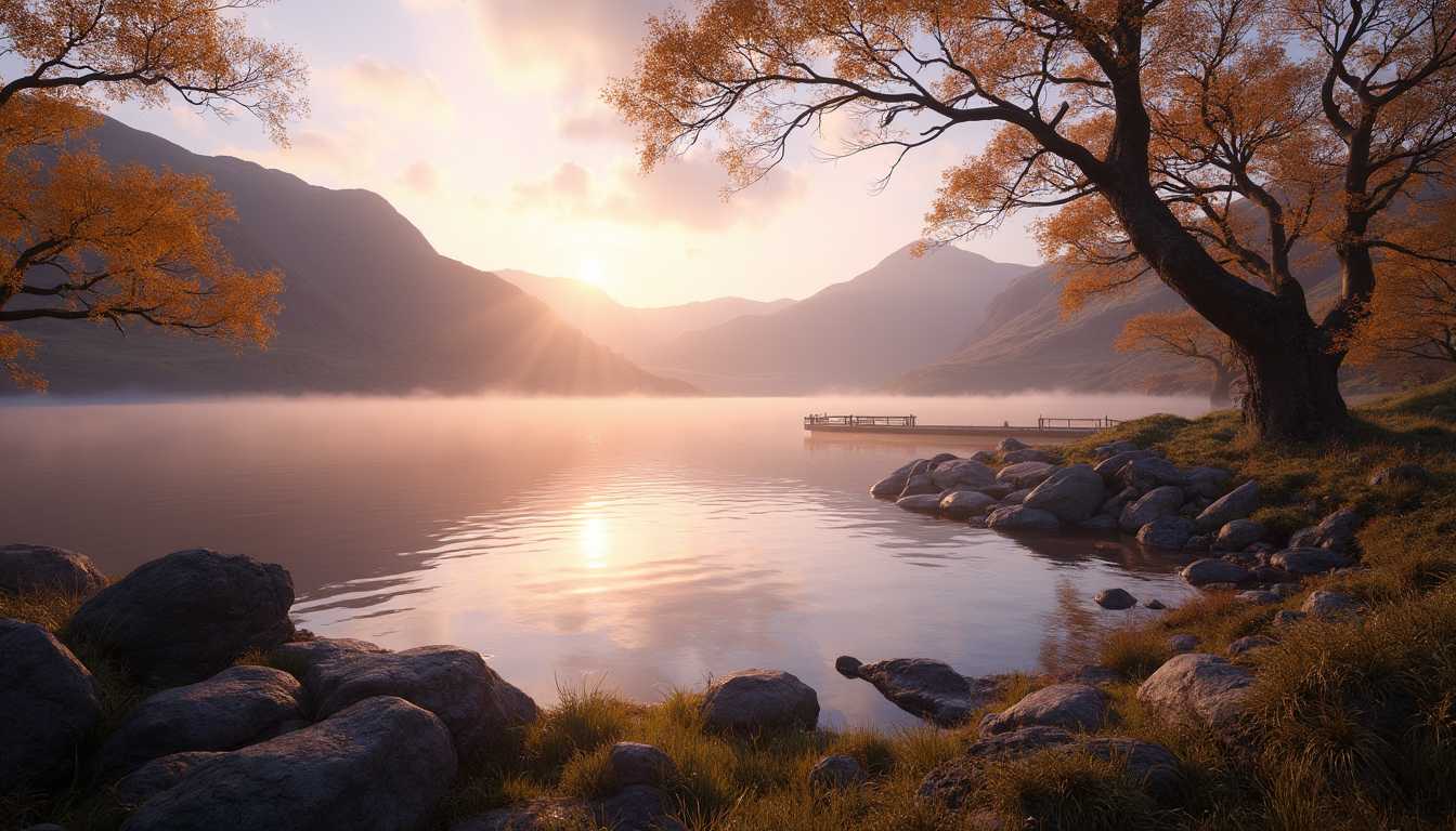 A breathtaking hyper-realistic landscape of the Lake District in the UK at sunrise. The scene captures the calm, glass-like surface of a lake nestled between rolling, mist-covered hills. The soft, warm hues of the rising sun cast a golden glow over the entire landscape, with the sunlight breaking through a few low-hanging clouds. In the foreground, a cluster of smooth, weathered rocks and wild grasses hug the shoreline, partially submerged in the reflective waters. Dew glistens on the grass, catching the light in subtle sparkles.In the midground, several ancient trees with twisted branches lean slightly toward the water, their dark trunks contrasting with the vibrant autumn foliage—golden yellows, deep oranges, and soft reds. A small wooden pier extends into the lake, its surface aged and slightly wet from the morning mist. The lake reflects the sky, where a gradient shifts from rich purples and pinks near the horizon to deep blues overhead. Gentle ripples distort the reflection, caused by the slight breeze.In the background, the fells and mountains rise majestically, bathed in the soft morning light. Their slopes are a patchwork of green and brown, with shadows playing along their ridges and valleys as the sun slowly ascends. The sky is clear apart from a few wisps of clouds, and the air feels fresh, cool, and clean. A faint layer of mist hovers above the water’s surface, catching the soft golden light, while the distant peaks are crowned with a soft blush of pink as the sun crests over the horizon.The image feels crisp and alive, as though captured with a high-end DSLR camera using a wide-angle lens (24mm), emphasizing the vastness of the landscape. The natural light interacts dynamically with the scene, creating a sense of depth and realism, with soft, diffused rays illuminating the scene and casting long, soft-edged shadows.